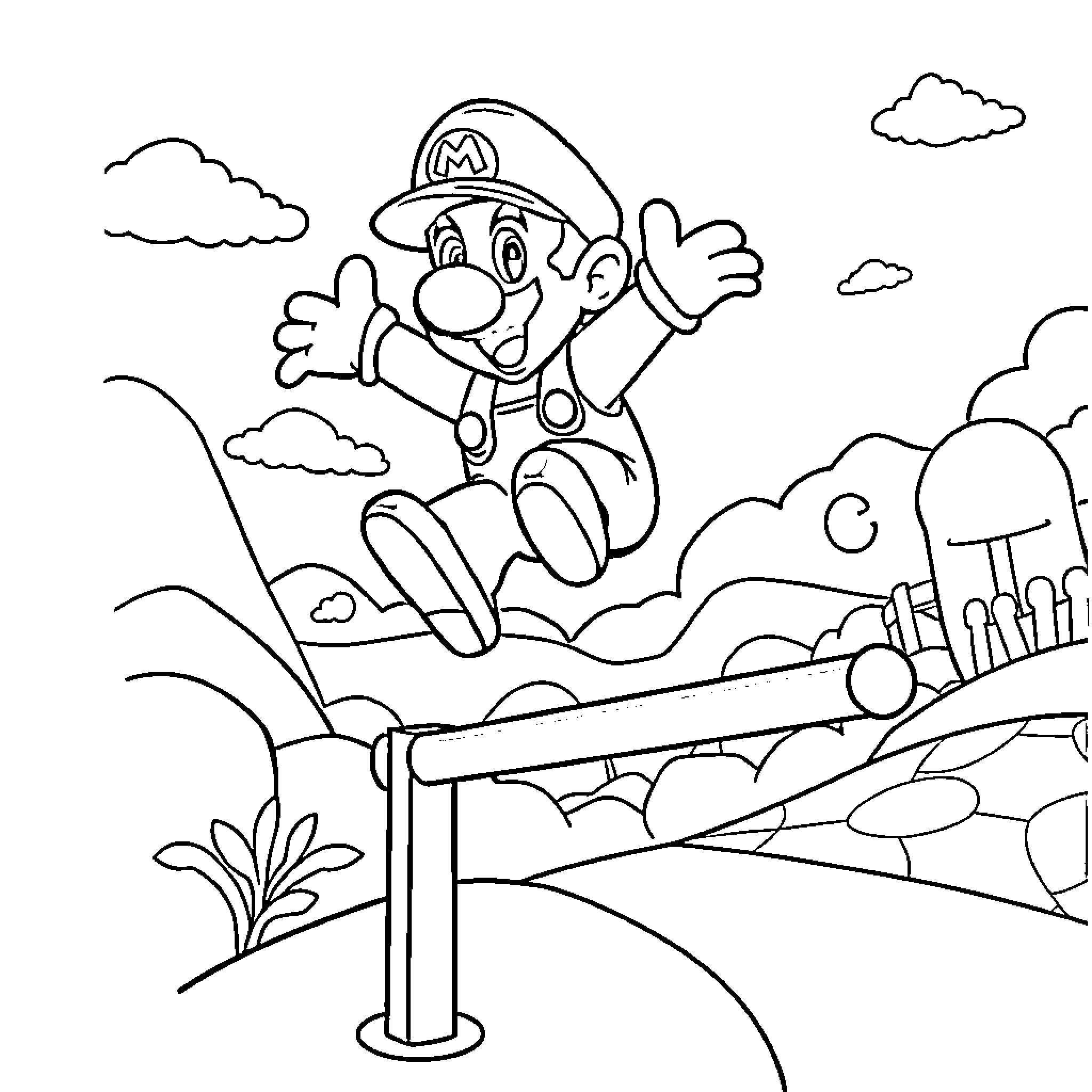 Super Mario jumping excitedly in a landscape Coloring Page (free black-and-white line drawing printable PDF for all, from beginners to advanced learners, including children, teens, adults, and seniors)