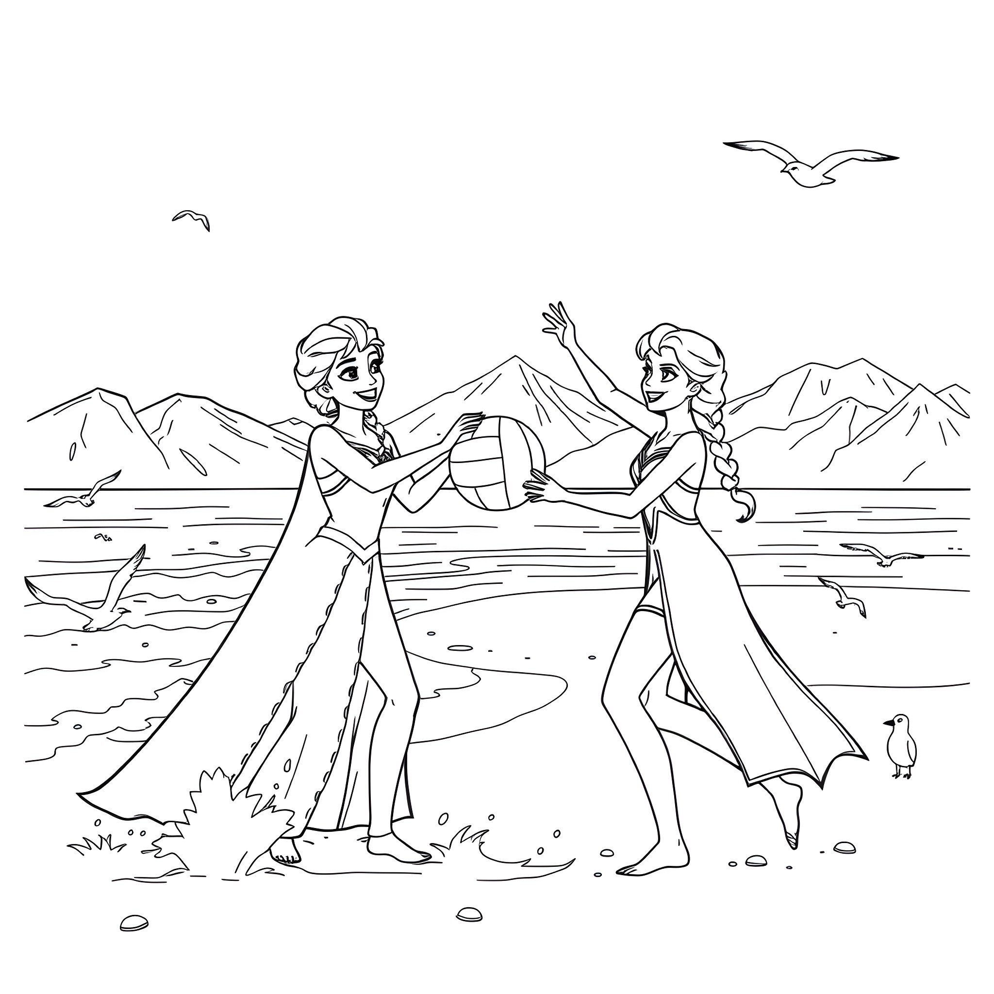 Elsa and Anna playing cheerfully on the beach Coloring Page (free black-and-white line drawing printable PDF for all, from beginners to advanced learners, including children, teens, adults, and seniors)