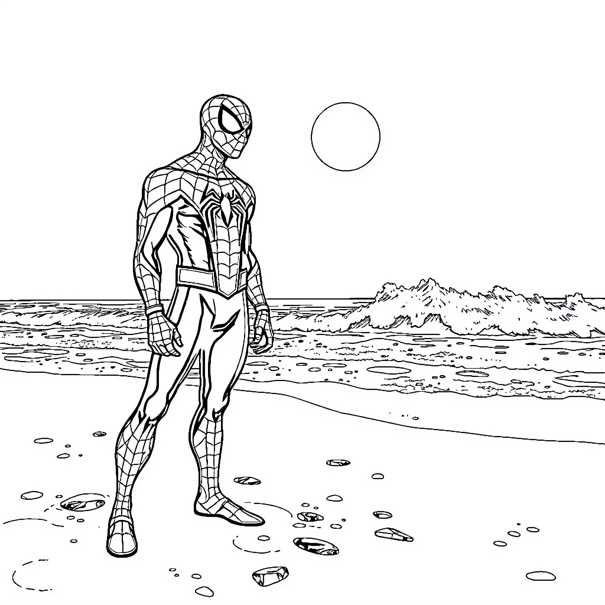 Spiderman on the Beach Coloring Page (free black-and-white line drawing printable PDF for all, from beginners to advanced learners, including children, teens, adults, and seniors)
