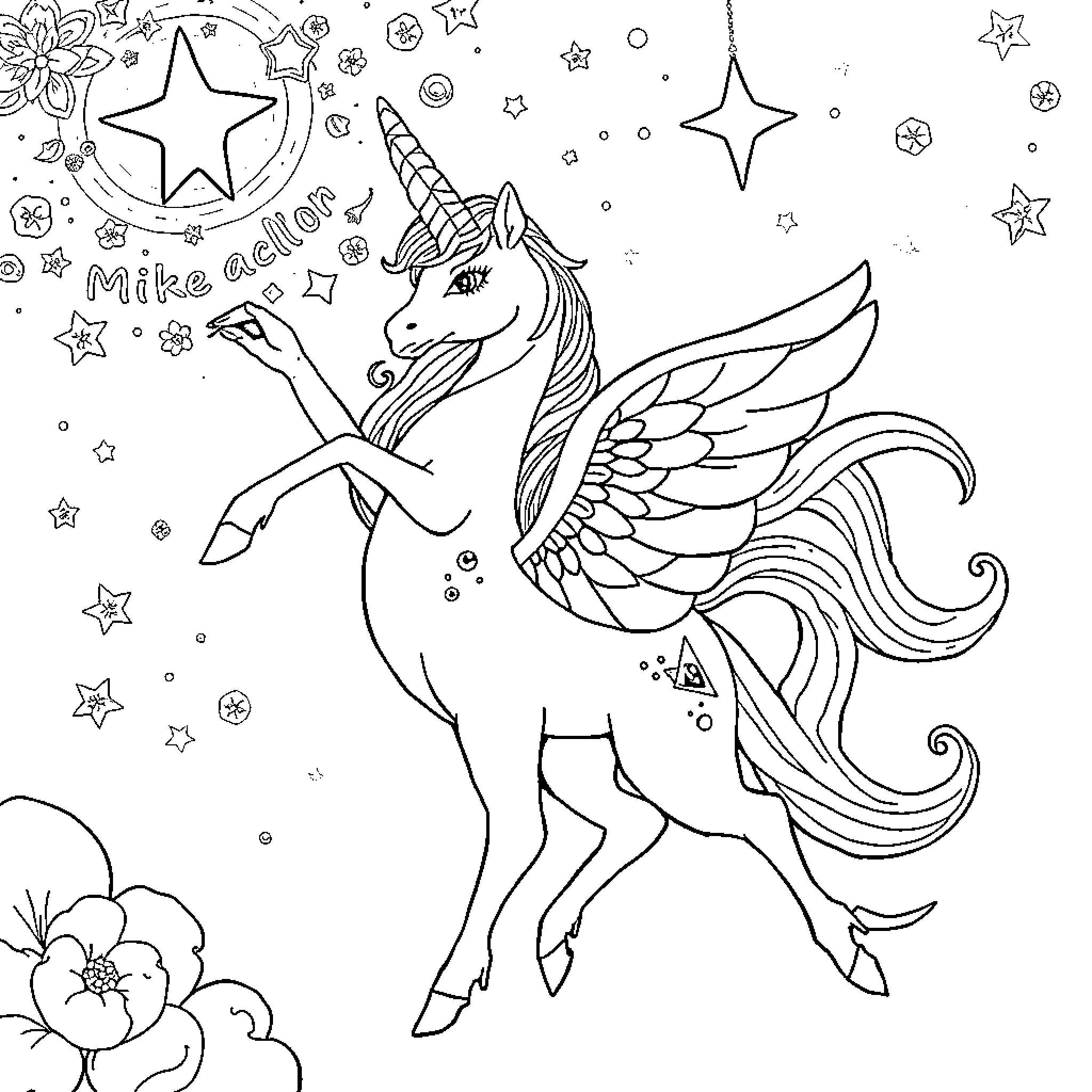 Unicorn soaring with stars and flowers Coloring Page (free black-and-white line drawing printable PDF for all, from beginners to advanced learners, including children, teens, adults, and seniors)