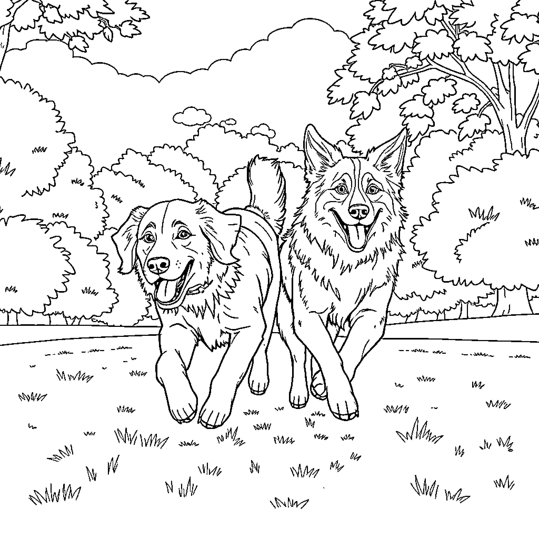 Dog friends playing outdoors in the nature Coloring Page (free black-and-white line drawing printable PDF for all, from beginners to advanced learners, including children, teens, adults, and seniors)