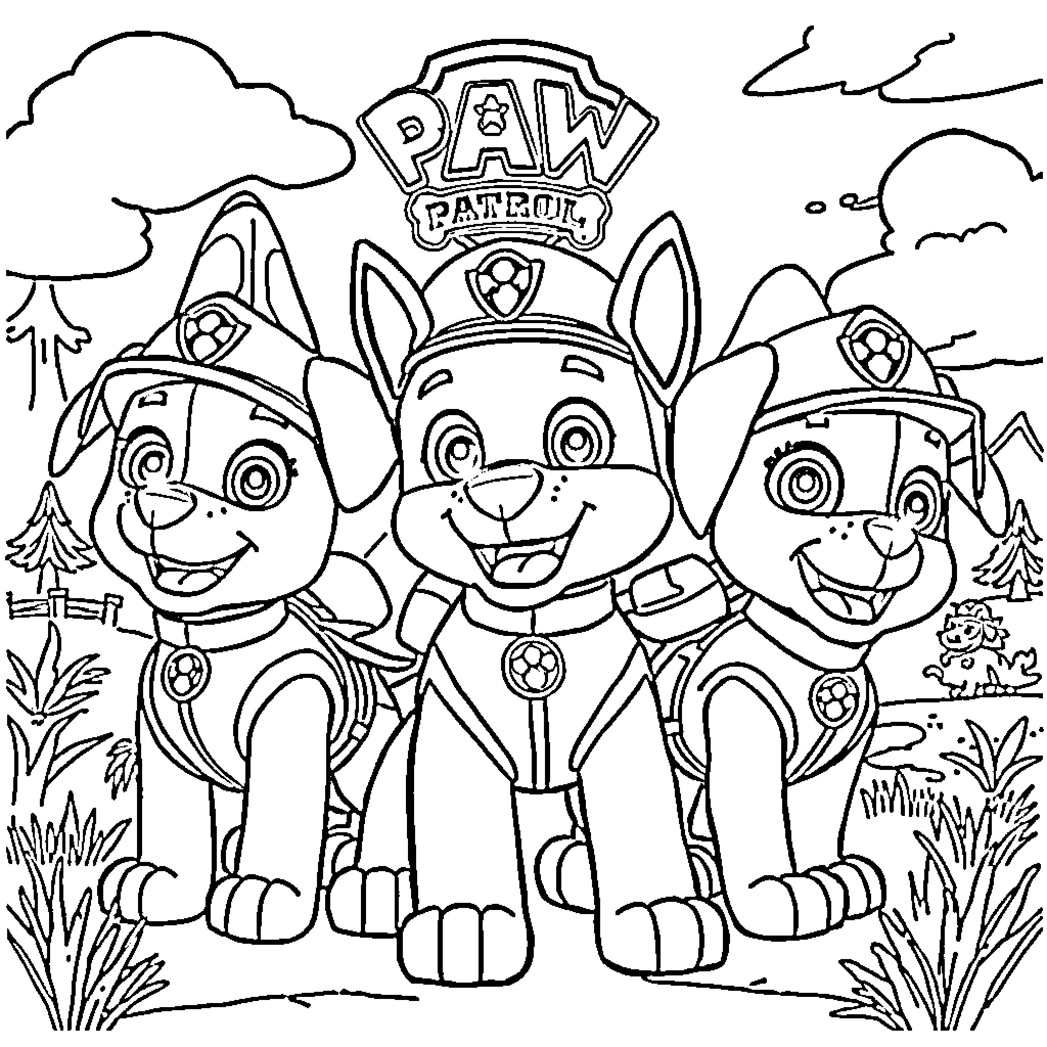 Paw Patrol Pups Exploring the Outdoors Coloring Page (free black-and-white line drawing printable PDF for all, from beginners to advanced learners, including children, teens, adults, and seniors)