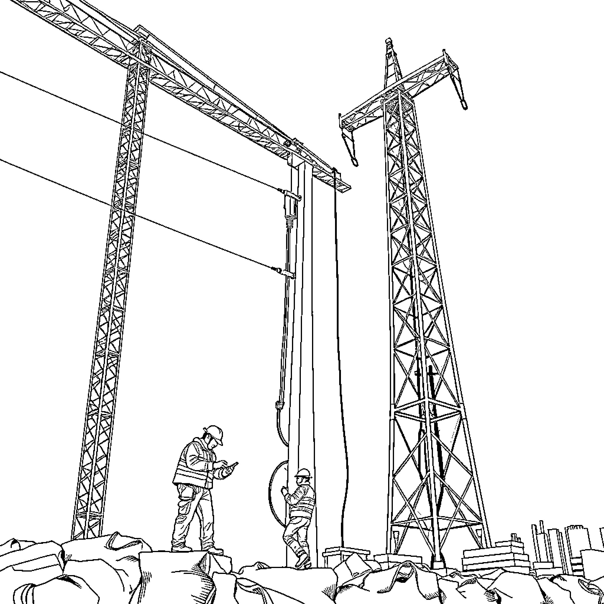 Worker Constructing Powerful Electrical Towers Coloring Page (free black-and-white line drawing printable PDF for all, from beginners to advanced learners, including children, teens, adults, and seniors)