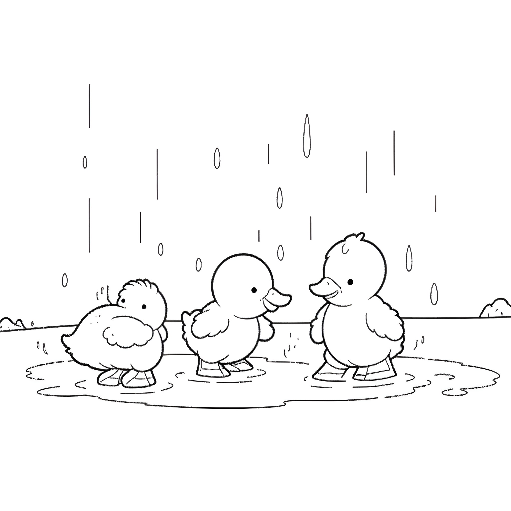 Ducklings playing in the rain Coloring Page (free black-and-white line drawing printable PDF for all, from beginners to advanced learners, including children, teens, adults, and seniors)