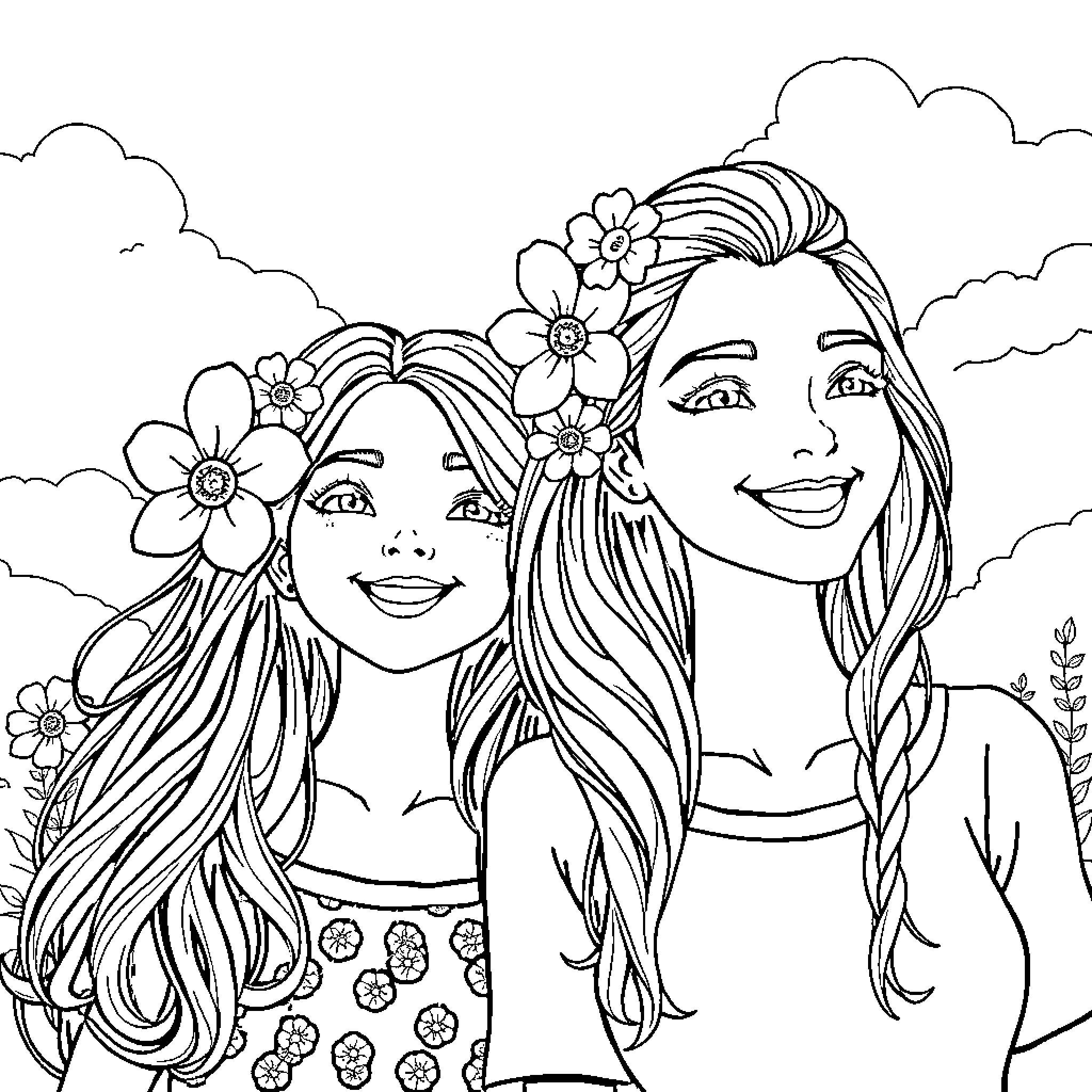 Girls with floral crowns posing happily Coloring Page (free black-and-white line drawing printable PDF for all, from beginners to advanced learners, including children, teens, adults, and seniors)