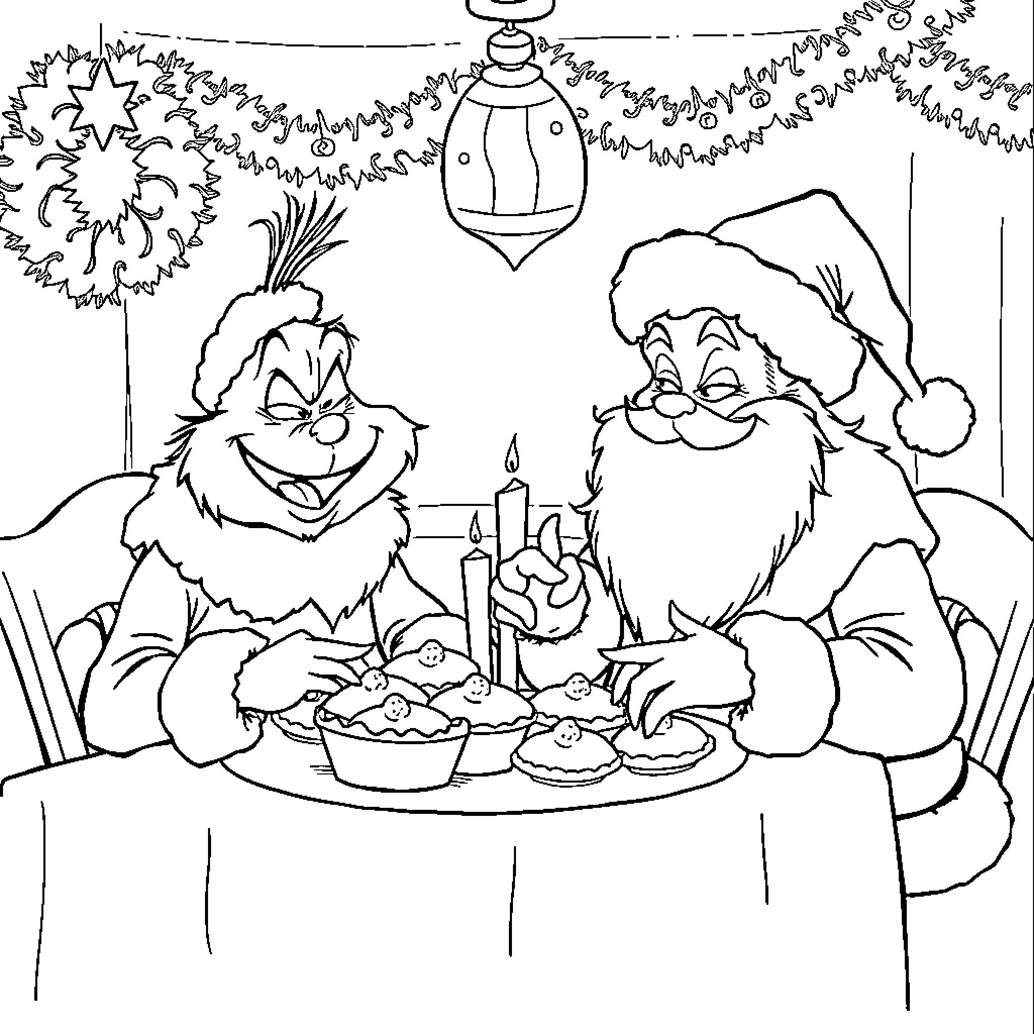 Santa Claus enjoying a festive meal Coloring Page (free black-and-white line drawing printable PDF for all, from beginners to advanced learners, including children, teens, adults, and seniors)