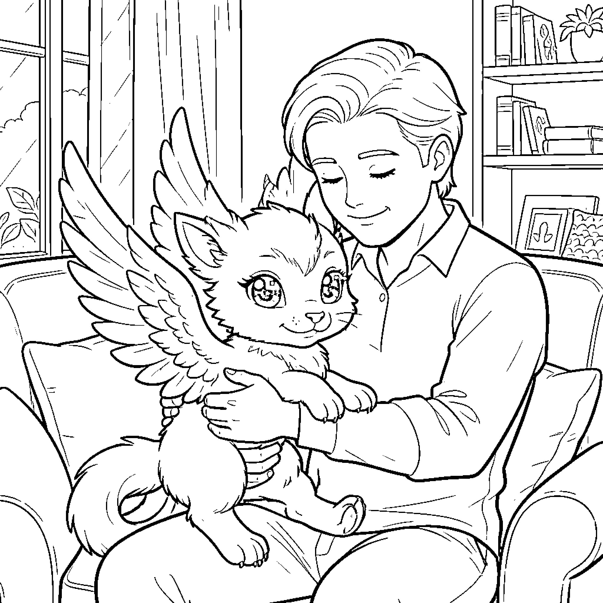 Gryphon and young man share a moment of connection Coloring Page (free black-and-white line drawing printable PDF for all, from beginners to advanced learners, including children, teens, adults, and seniors)