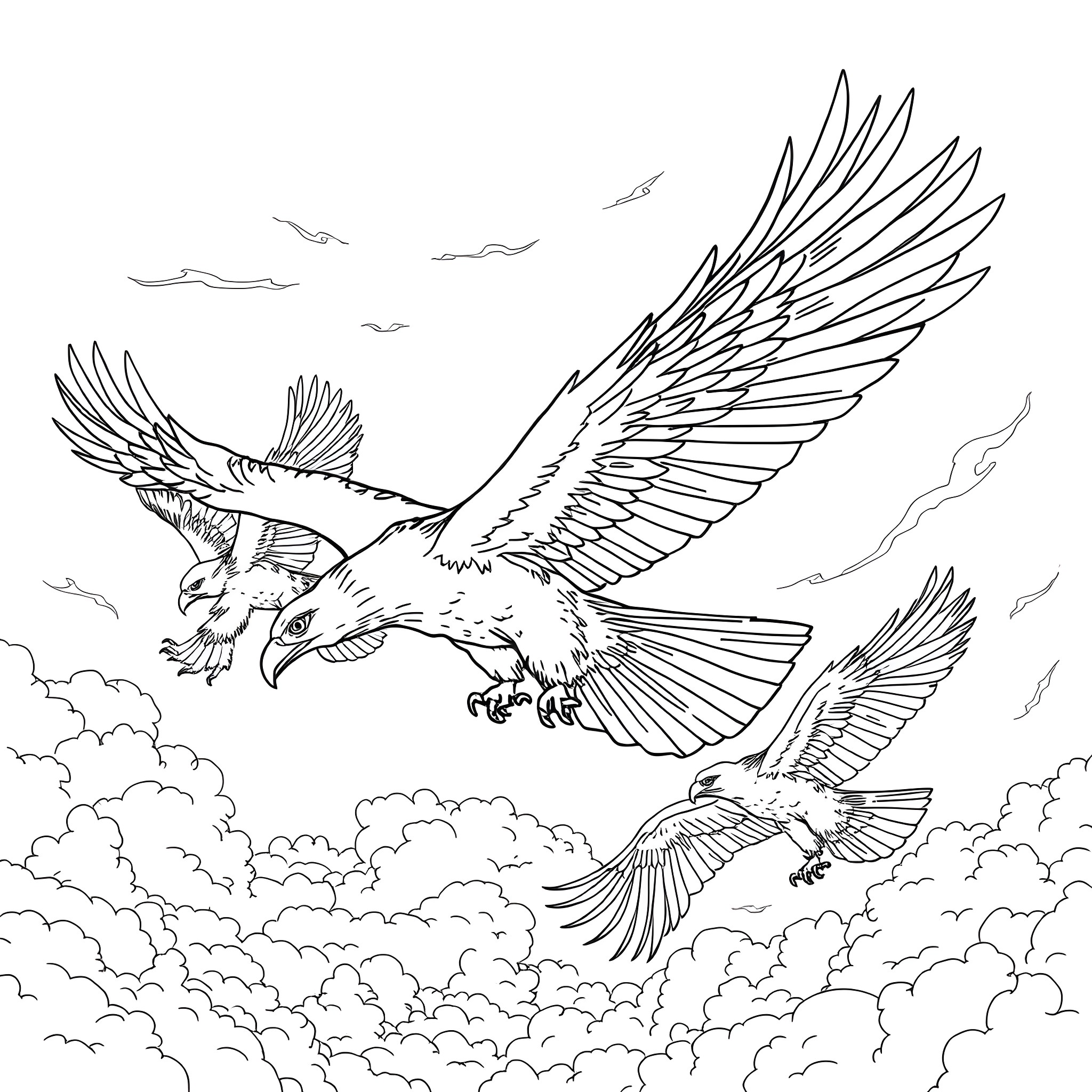 Thunderbird soaring majestically in the cloudy sky Coloring Page (free black-and-white line drawing printable PDF for all, from beginners to advanced learners, including children, teens, adults, and seniors)