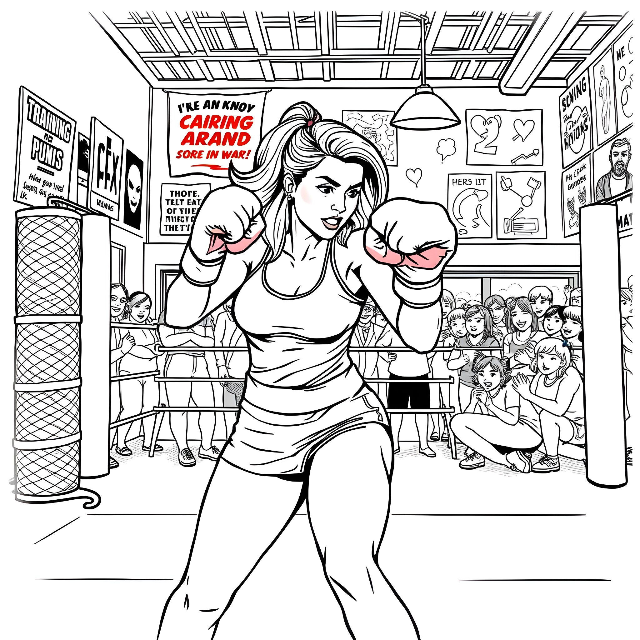 Bridgette Jones boxing in a gym Coloring Page (free black-and-white line drawing printable PDF for all, from beginners to advanced learners, including children, teens, adults, and seniors)