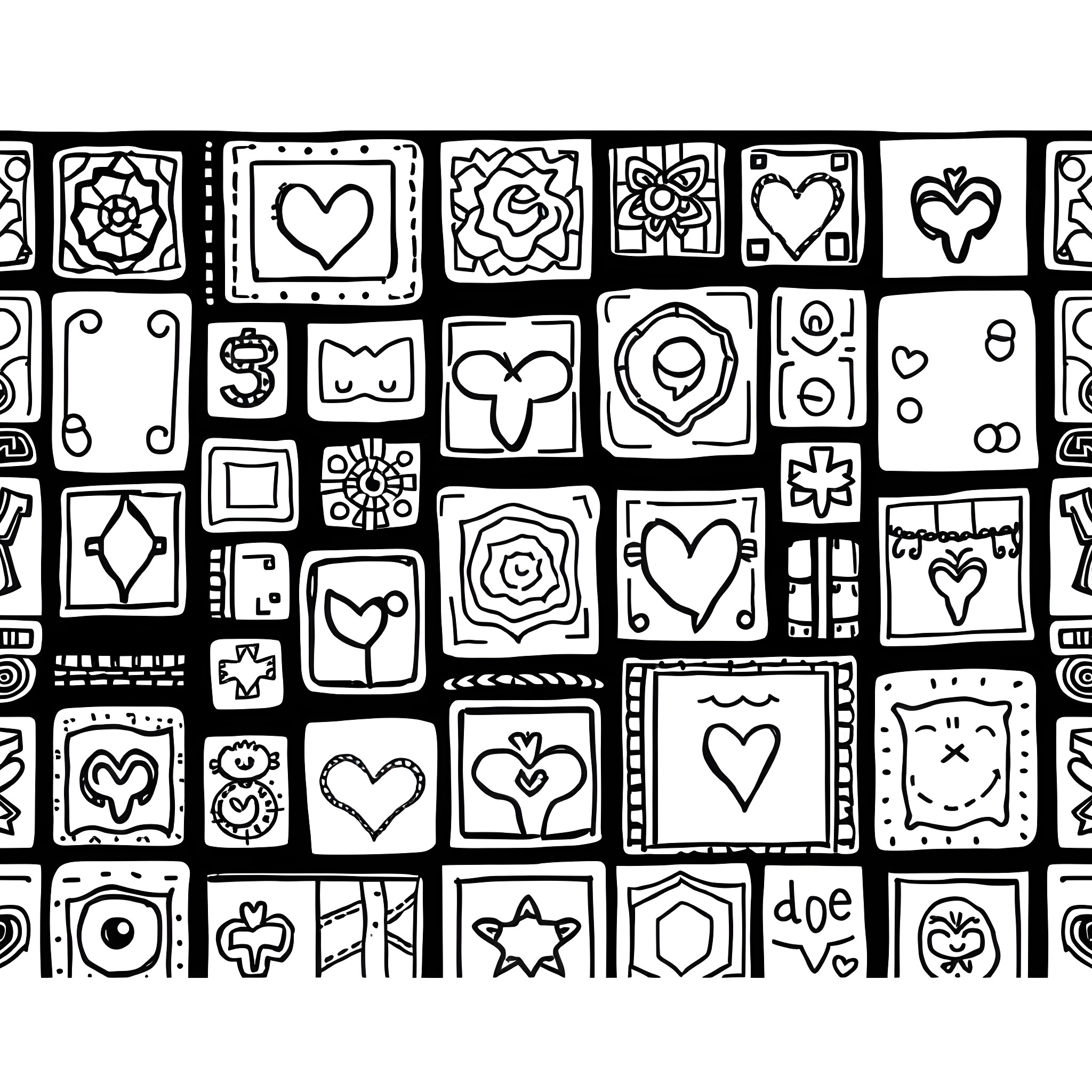 Patchwork of Whimsical Heart-Themed Designs Coloring Page (free black-and-white line drawing printable PDF for all, from beginners to advanced learners, including children, teens, adults, and seniors)