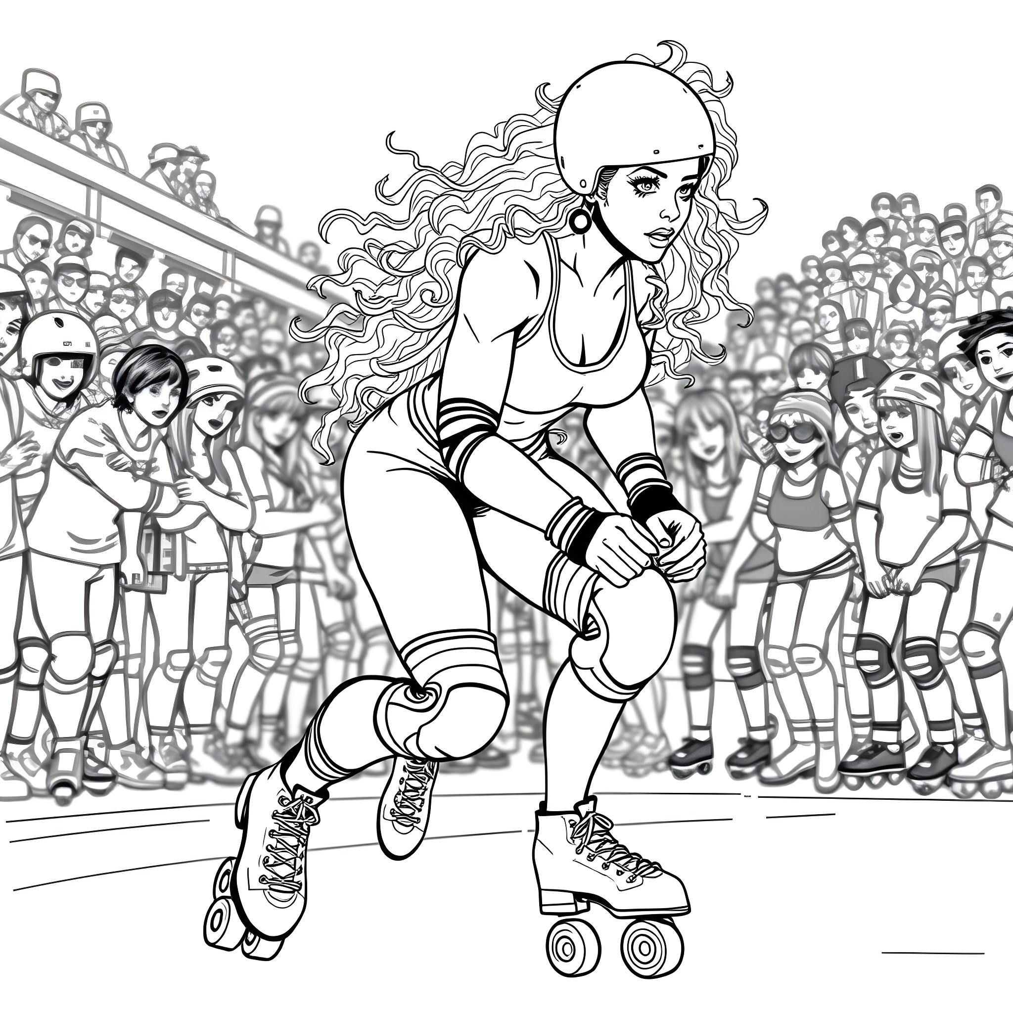Roller Derby Player in Action on the Rink Coloring Page (free black-and-white line drawing printable PDF for all, from beginners to advanced learners, including children, teens, adults, and seniors)