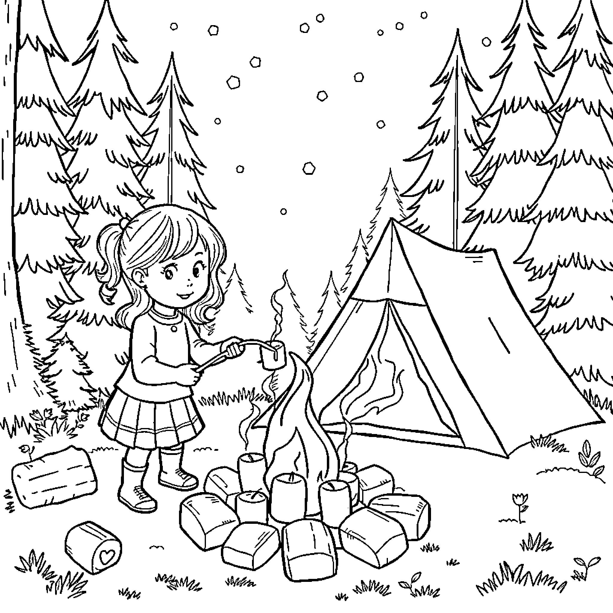 Girl camping in the snowy forest Coloring Page (free black-and-white line drawing printable PDF for all, from beginners to advanced learners, including children, teens, adults, and seniors)