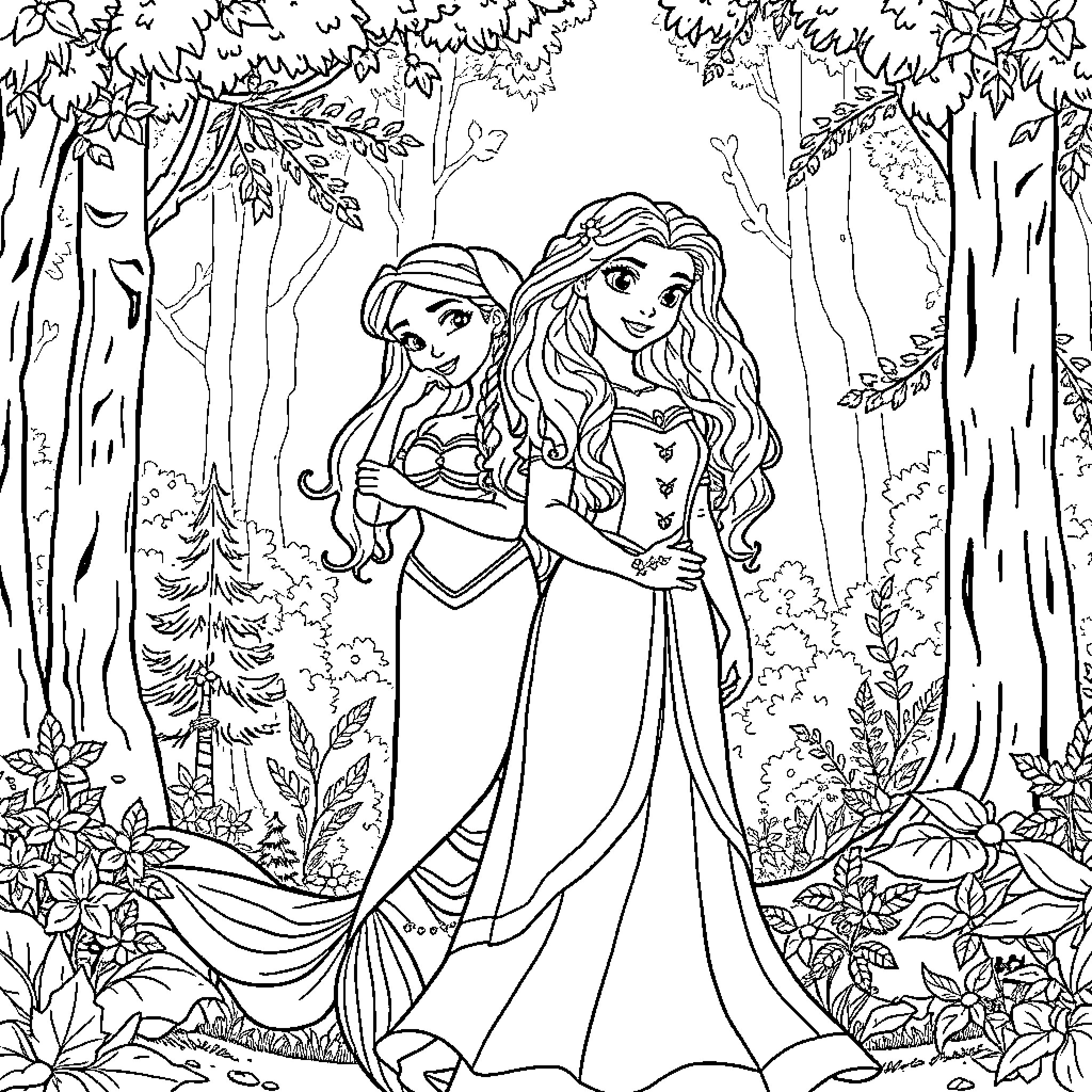 Ariel and Merida enjoying the forest scenery Coloring Page (free black-and-white line drawing printable PDF for all, from beginners to advanced learners, including children, teens, adults, and seniors)