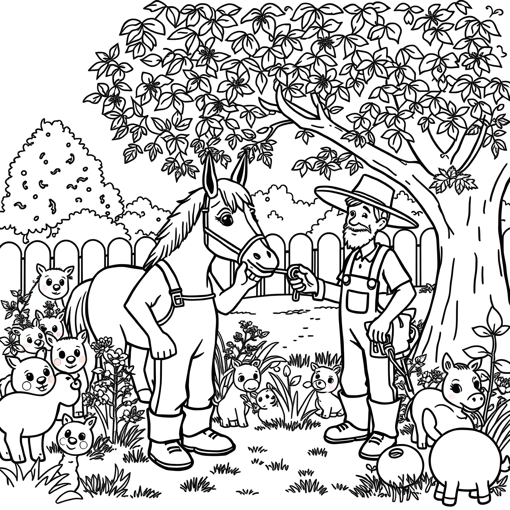Horse and Farmer among Woodland Animals Coloring Page (free black-and-white line drawing printable PDF for all, from beginners to advanced learners, including children, teens, adults, and seniors)