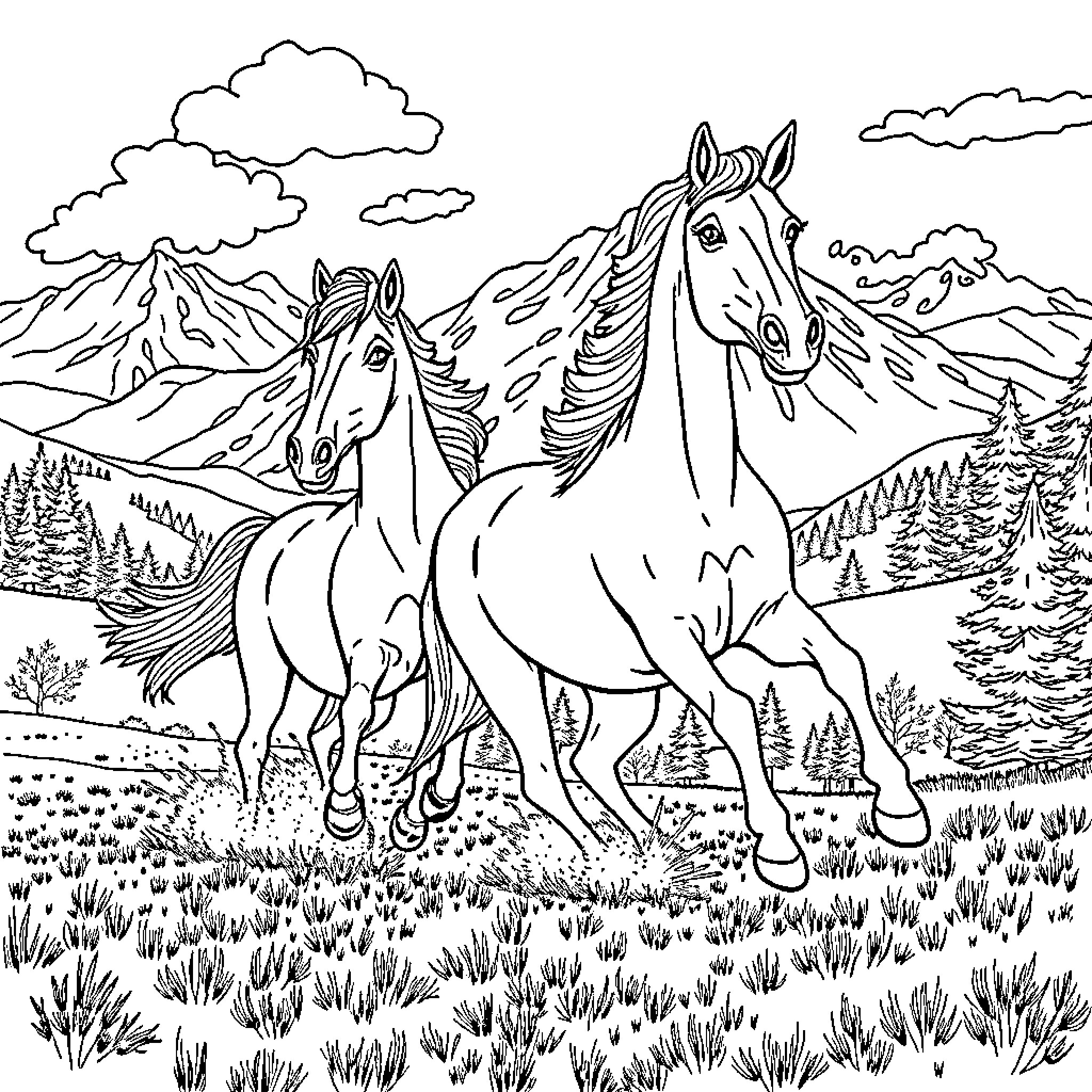 Caballo horses running freely in mountain landscape Coloring Page (free black-and-white line drawing printable PDF for all, from beginners to advanced learners, including children, teens, adults, and seniors)