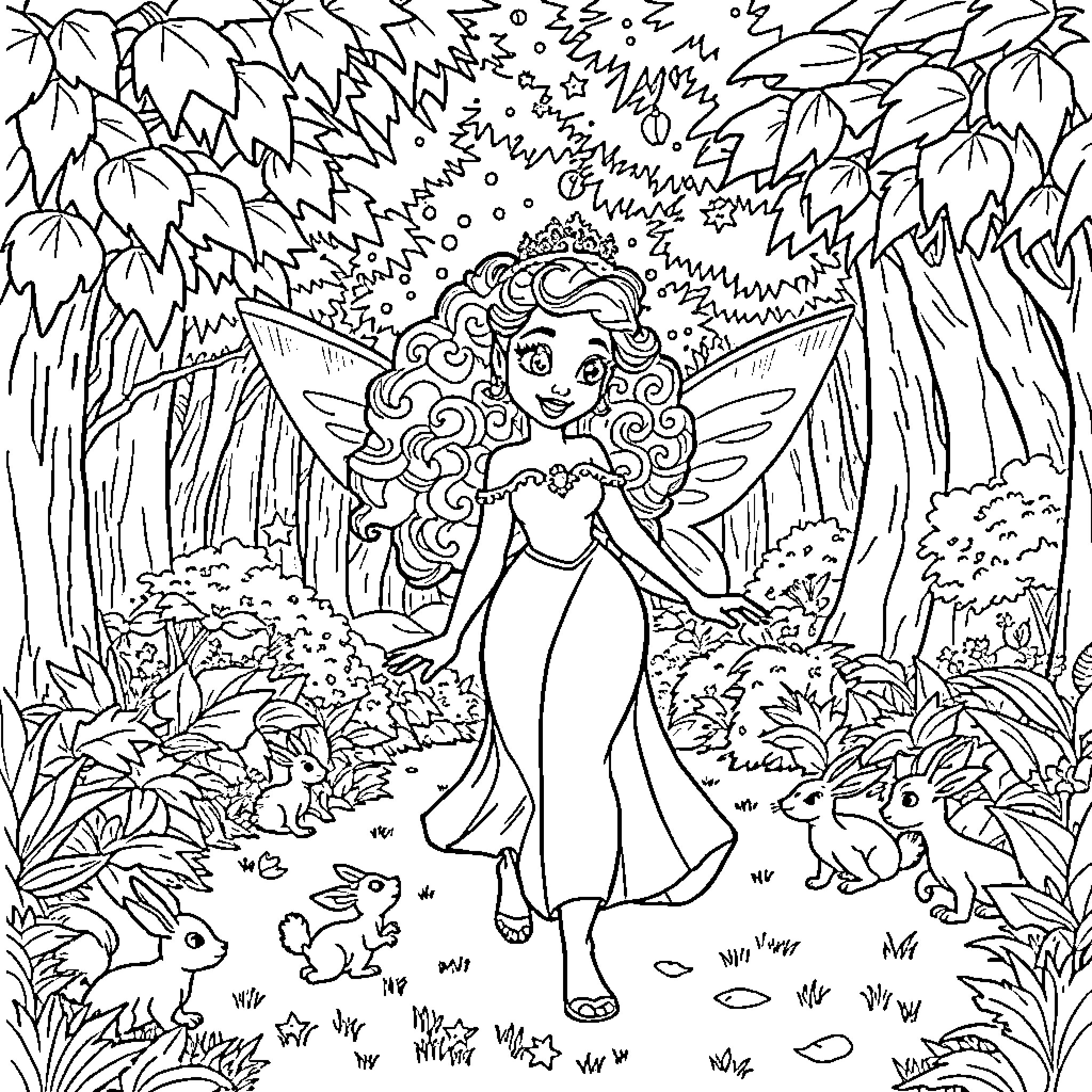 Princess in a Magical Forest Filled with Whimsical Creatures Coloring Page (free black-and-white line drawing printable PDF for all, from beginners to advanced learners, including children, teens, adults, and seniors)