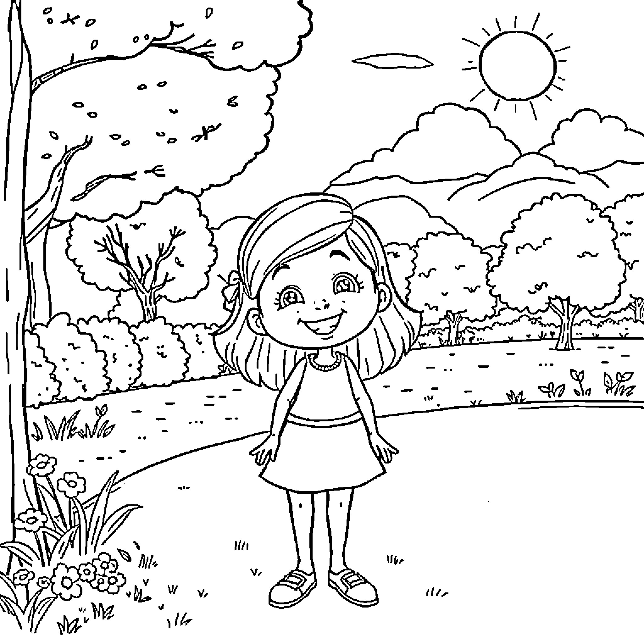 Cora's Cheerful Day in the Park Coloring Page (free black-and-white line drawing printable PDF for all, from beginners to advanced learners, including children, teens, adults, and seniors)