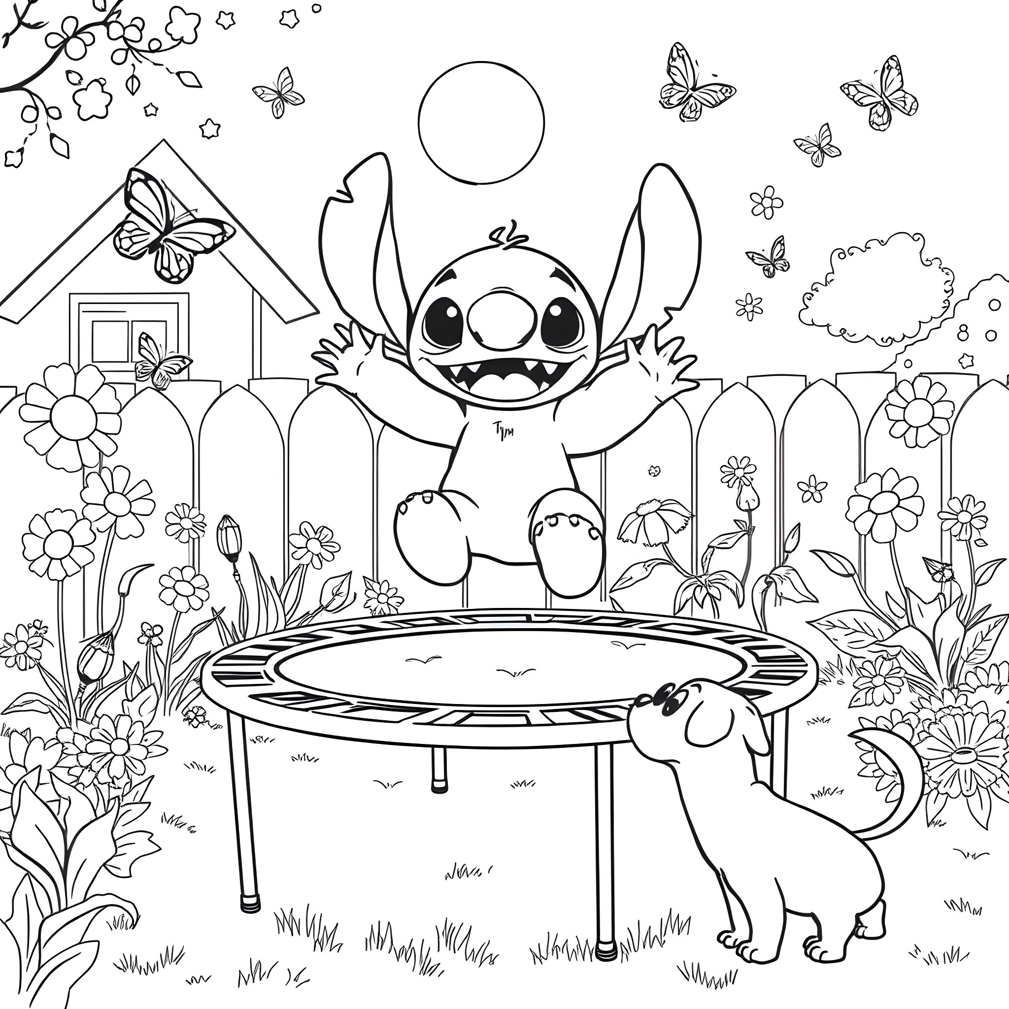 Stitch jumping with joy in a whimsical garden Coloring Page (free black-and-white line drawing printable PDF for all, from beginners to advanced learners, including children, teens, adults, and seniors)