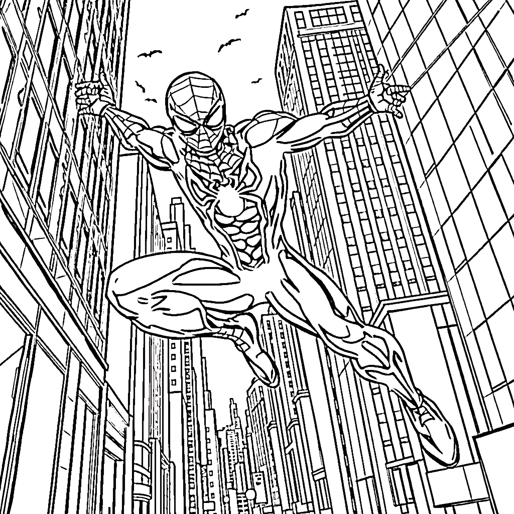 Spiderman swinging through the city skyline Coloring Page (free black-and-white line drawing printable PDF for all, from beginners to advanced learners, including children, teens, adults, and seniors)