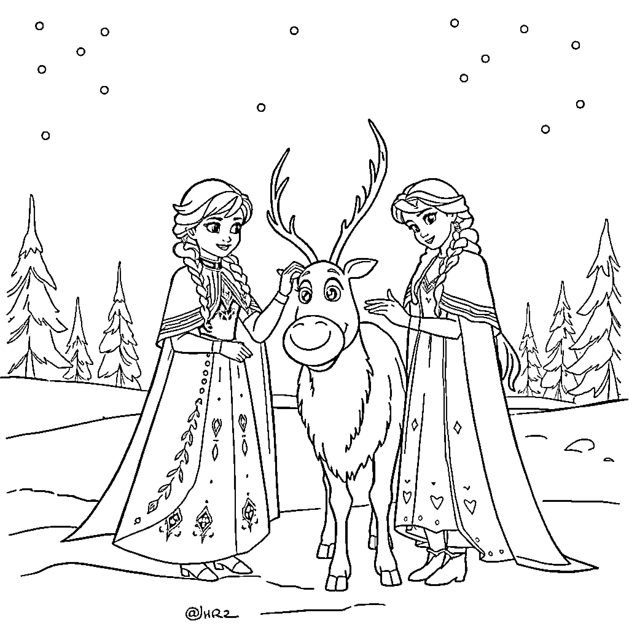 Elsa and Anna with Olaf in a winter wonderland Coloring Page (free black-and-white line drawing printable PDF for all, from beginners to advanced learners, including children, teens, adults, and seniors)