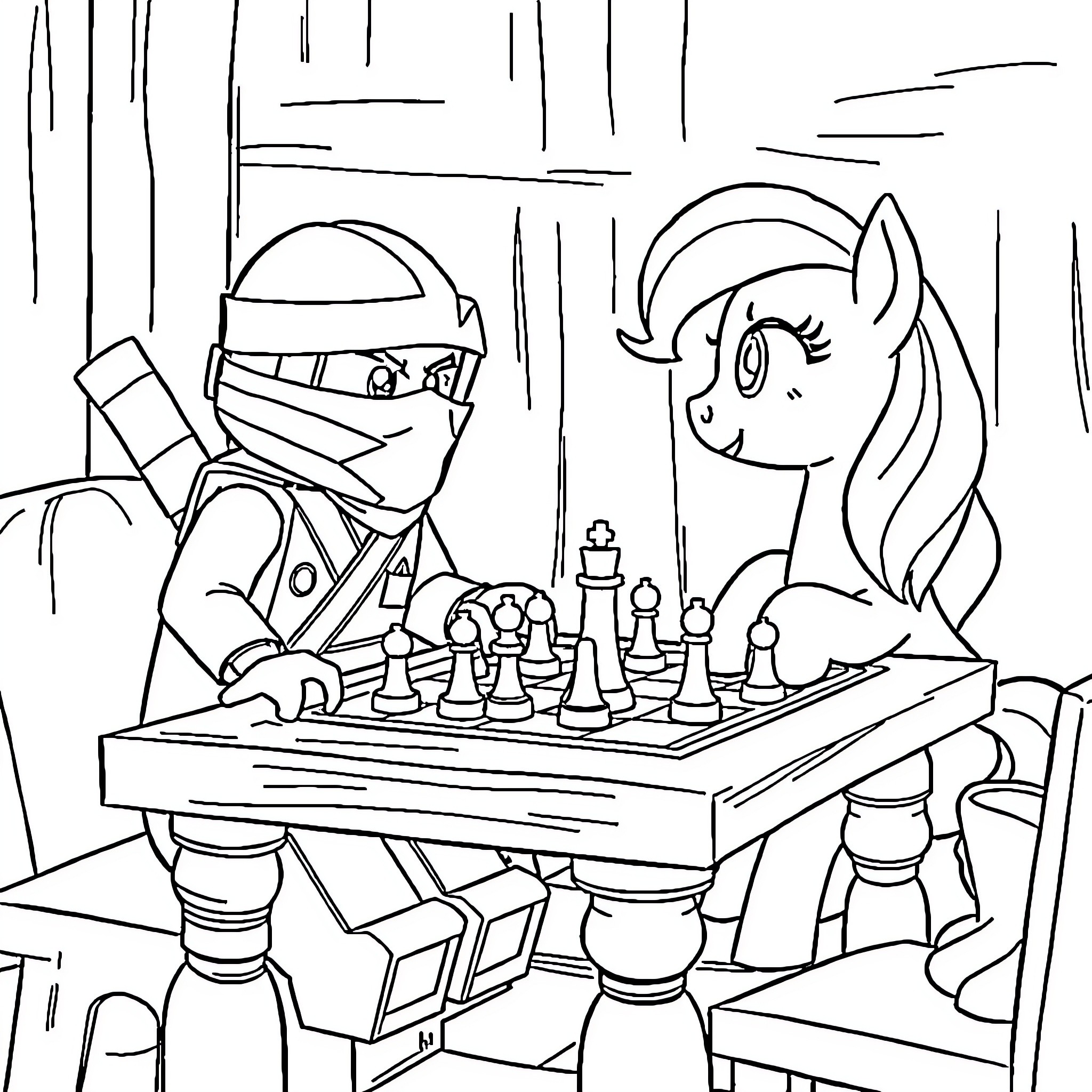 Ninjago Jay playing chess with pony character Coloring Page (free black-and-white line drawing printable PDF for all, from beginners to advanced learners, including children, teens, adults, and seniors)