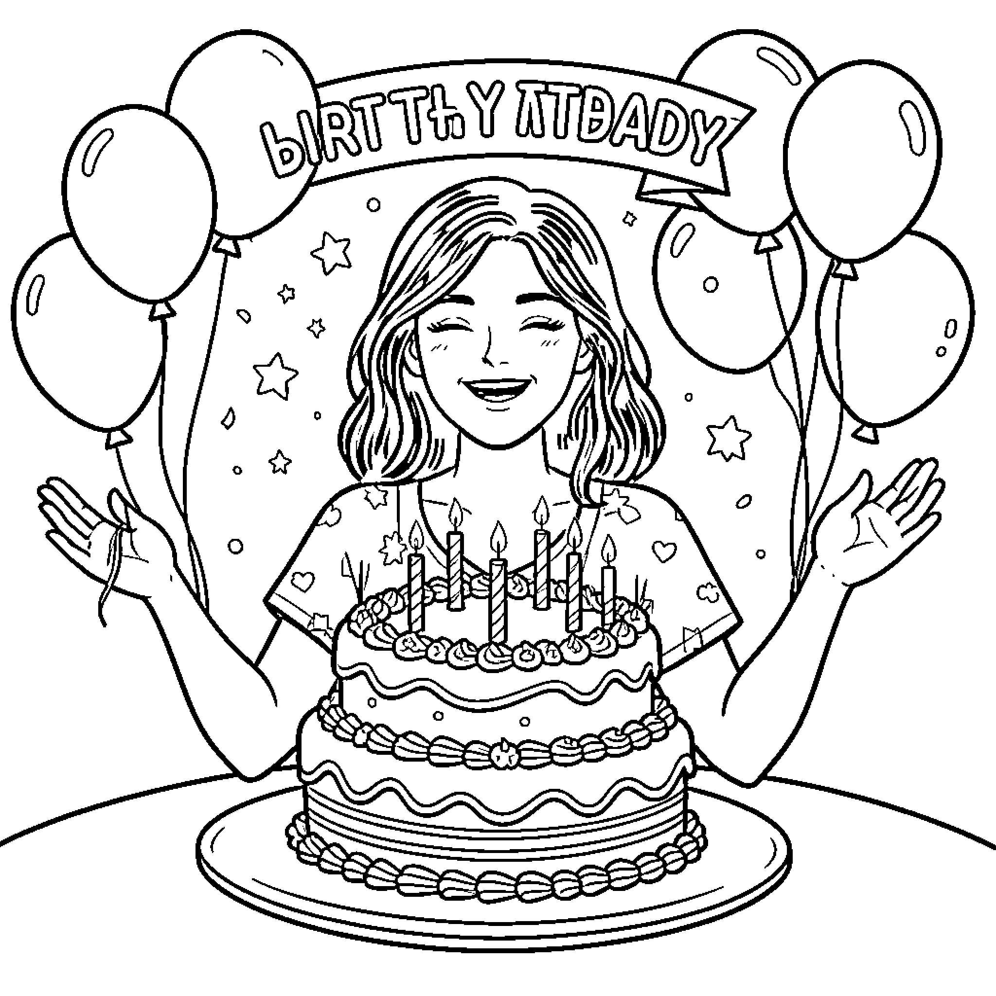 Mom celebrating birthday with cake and balloons Coloring Page (free black-and-white line drawing printable PDF for all, from beginners to advanced learners, including children, teens, adults, and seniors)