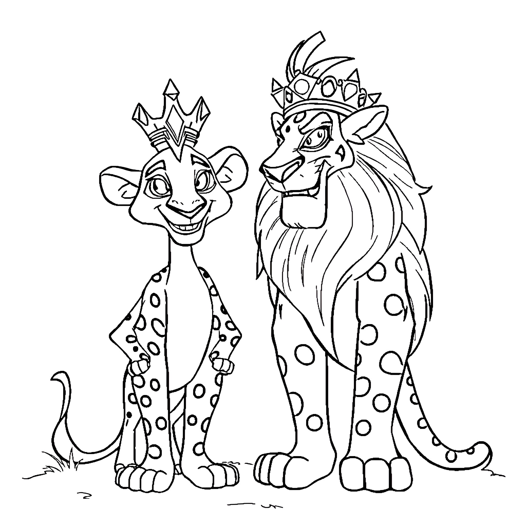 Scar and Shenzi - Mischievous Duo Coloring Page (free black-and-white line drawing printable PDF for all, from beginners to advanced learners, including children, teens, adults, and seniors)