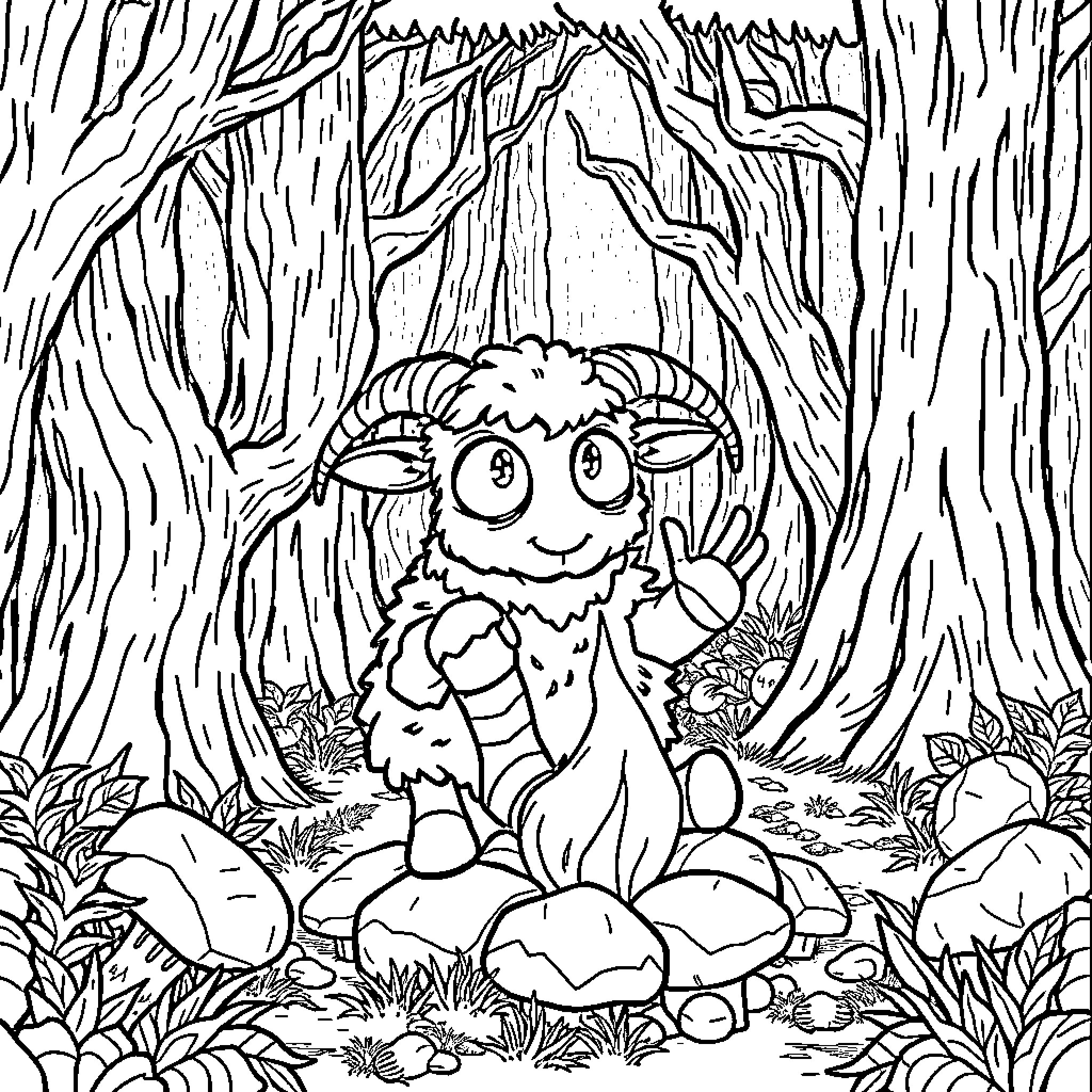 Sheep exploring the enchanting forest Coloring Page (free black-and-white line drawing printable PDF for all, from beginners to advanced learners, including children, teens, adults, and seniors)