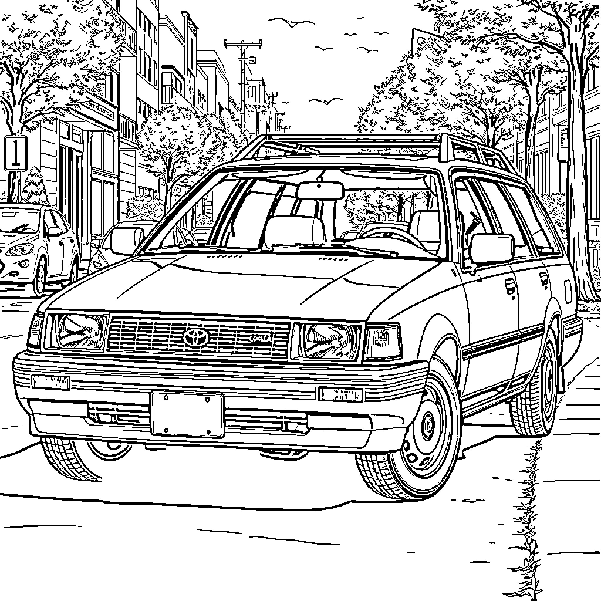 Corolla wagon on urban city street Coloring Page (free black-and-white line drawing printable PDF for all, from beginners to advanced learners, including children, teens, adults, and seniors)