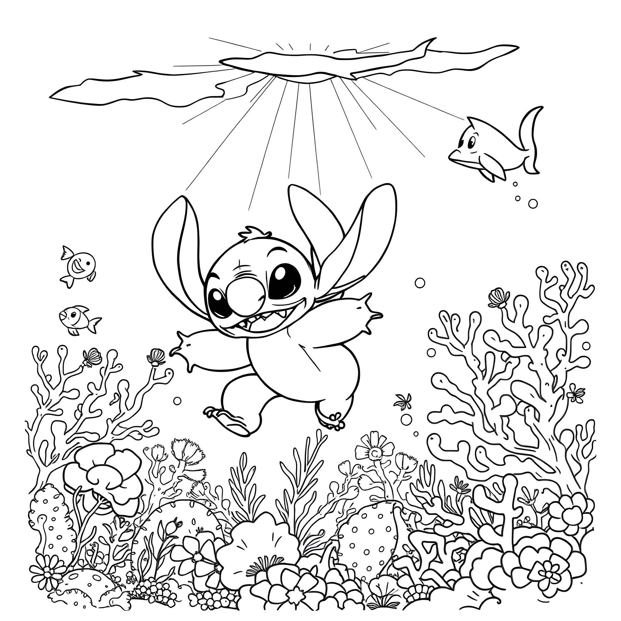 Stitch swimming joyfully among underwater flora Coloring Page (free black-and-white line drawing printable PDF for all, from beginners to advanced learners, including children, teens, adults, and seniors)