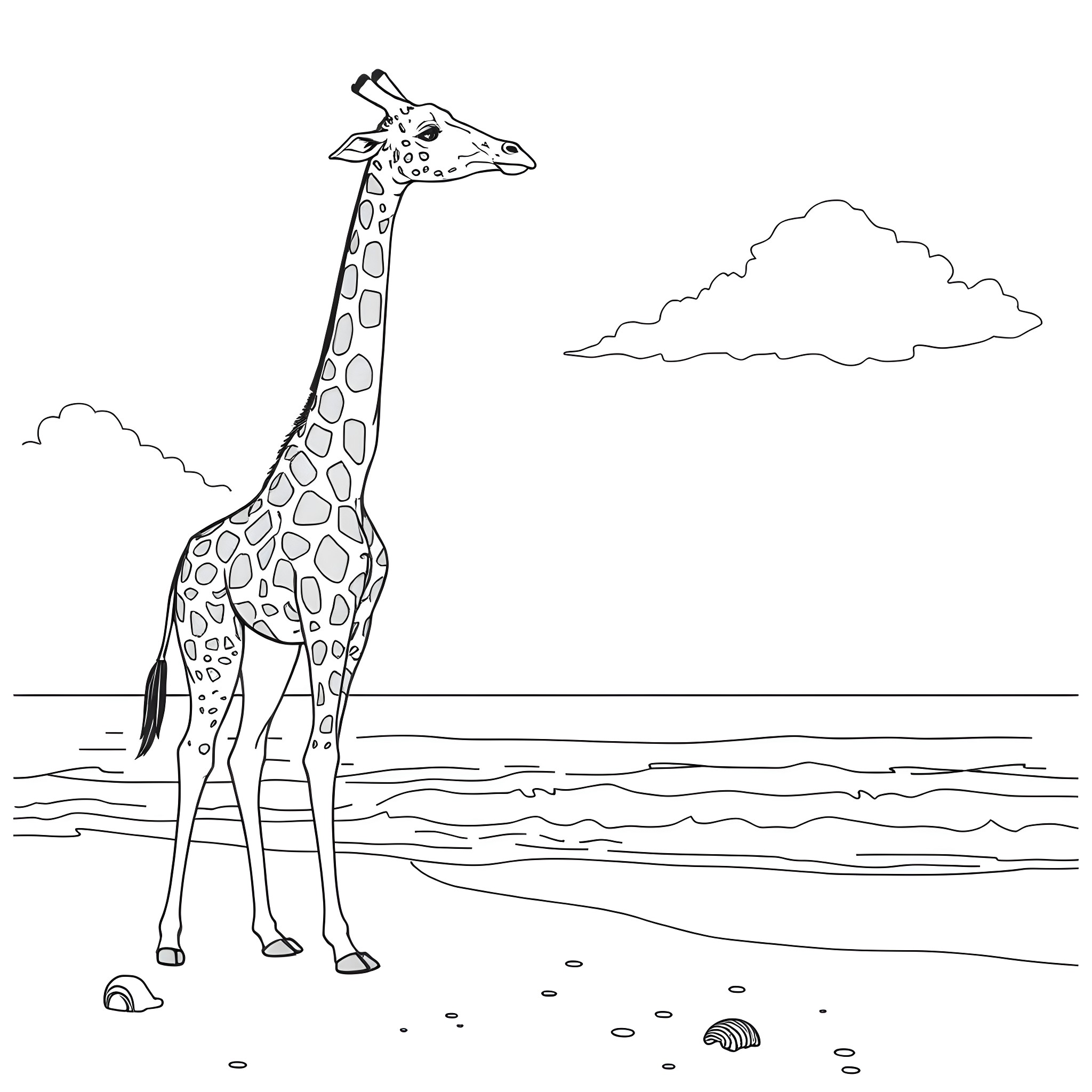 Giraffe standing majestically in a natural landscape Coloring Page (free black-and-white line drawing printable PDF for all, from beginners to advanced learners, including children, teens, adults, and seniors)