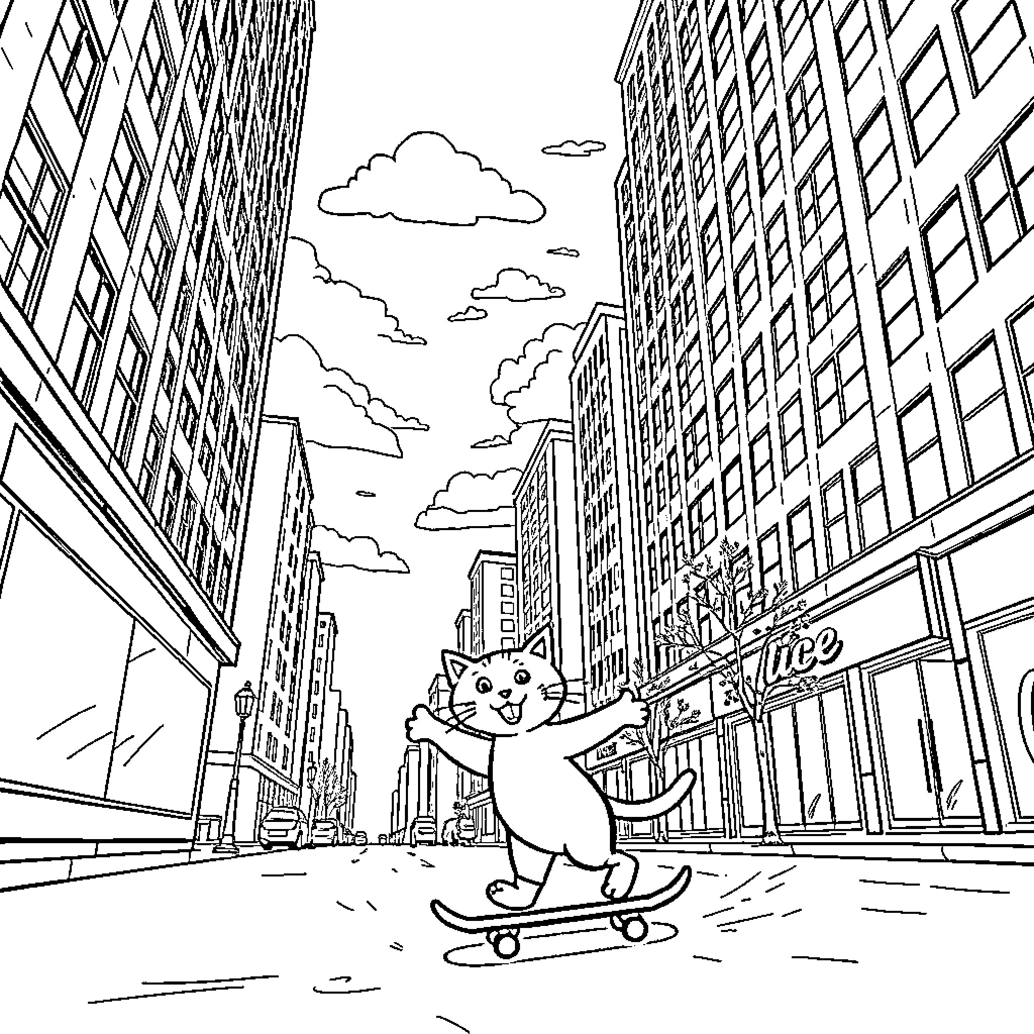 Cat skateboarding through the city streets Coloring Page (free black-and-white line drawing printable PDF for all, from beginners to advanced learners, including children, teens, adults, and seniors)