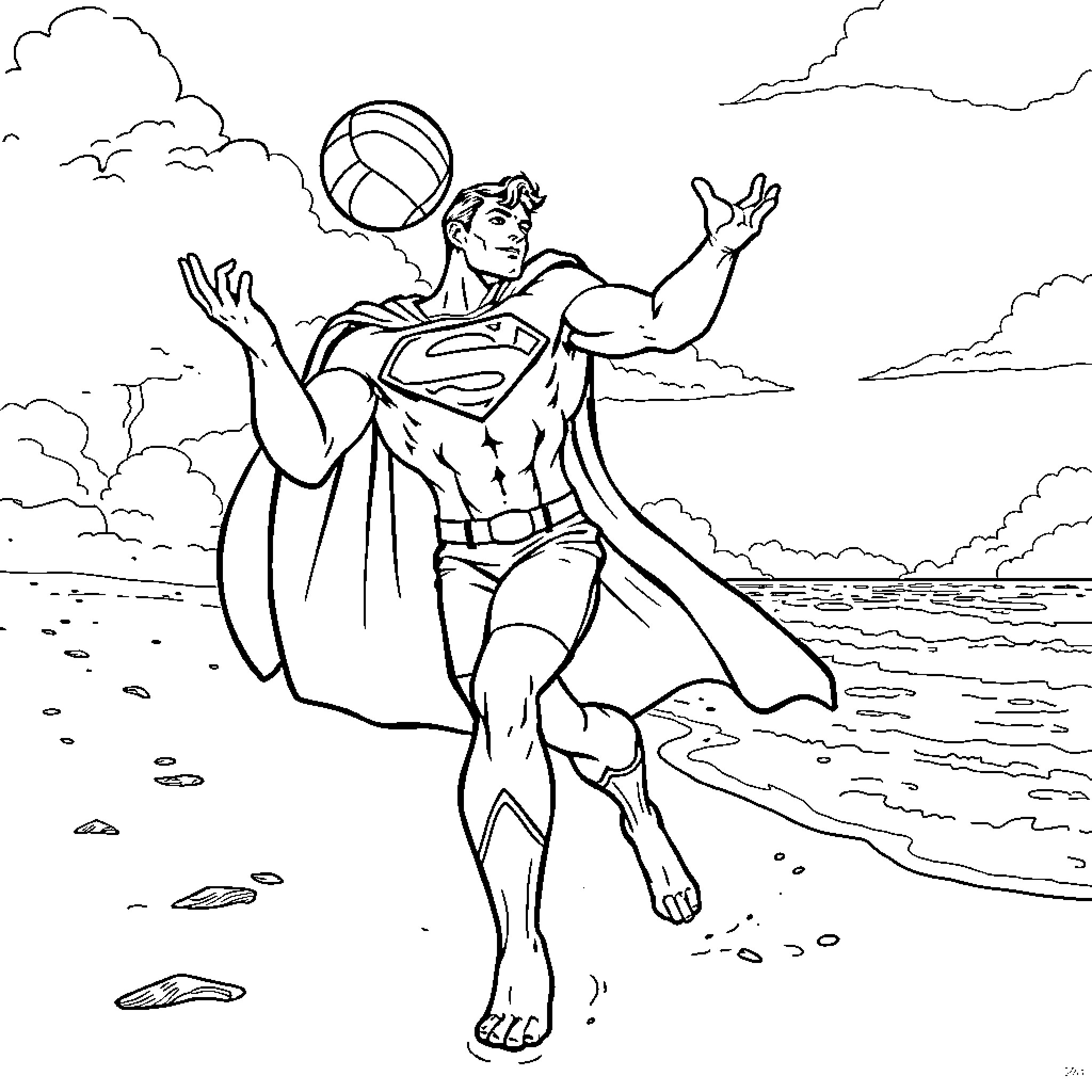 Superman soaring with a volleyball in the clouds Coloring Page (free black-and-white line drawing printable PDF for all, from beginners to advanced learners, including children, teens, adults, and seniors)
