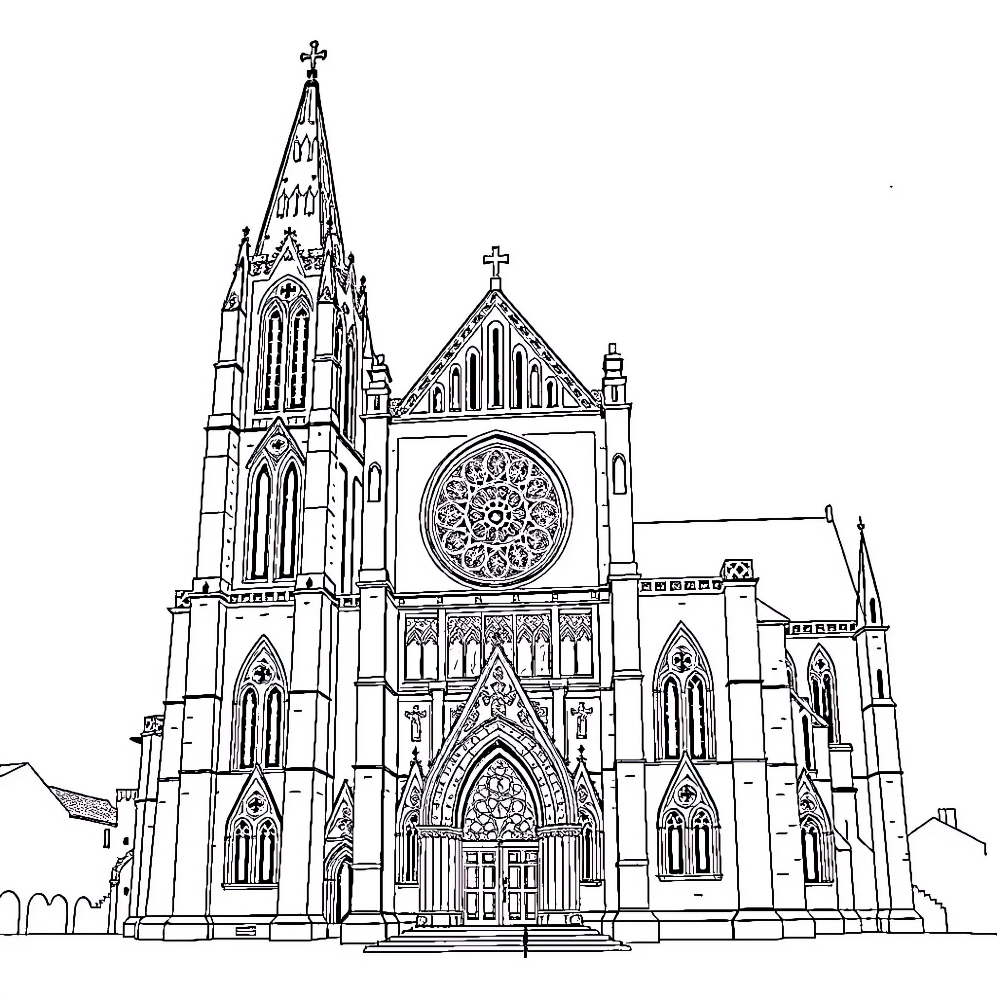 Cathedral with ornate architectural details Coloring Page (free black-and-white line drawing printable PDF for all, from beginners to advanced learners, including children, teens, adults, and seniors)