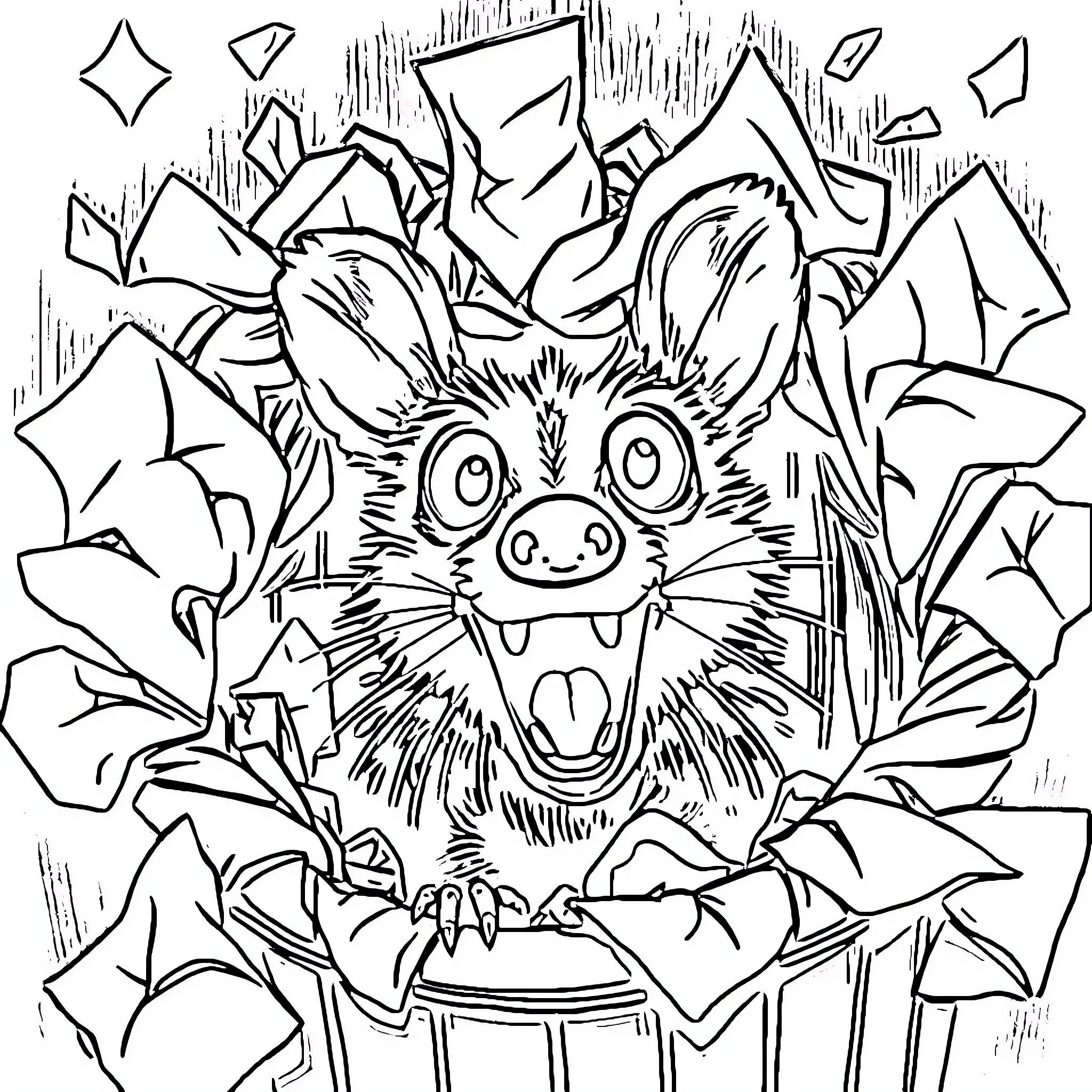 Opossum with sparkling expression in nature Coloring Page (free black-and-white line drawing printable PDF for all, from beginners to advanced learners, including children, teens, adults, and seniors)