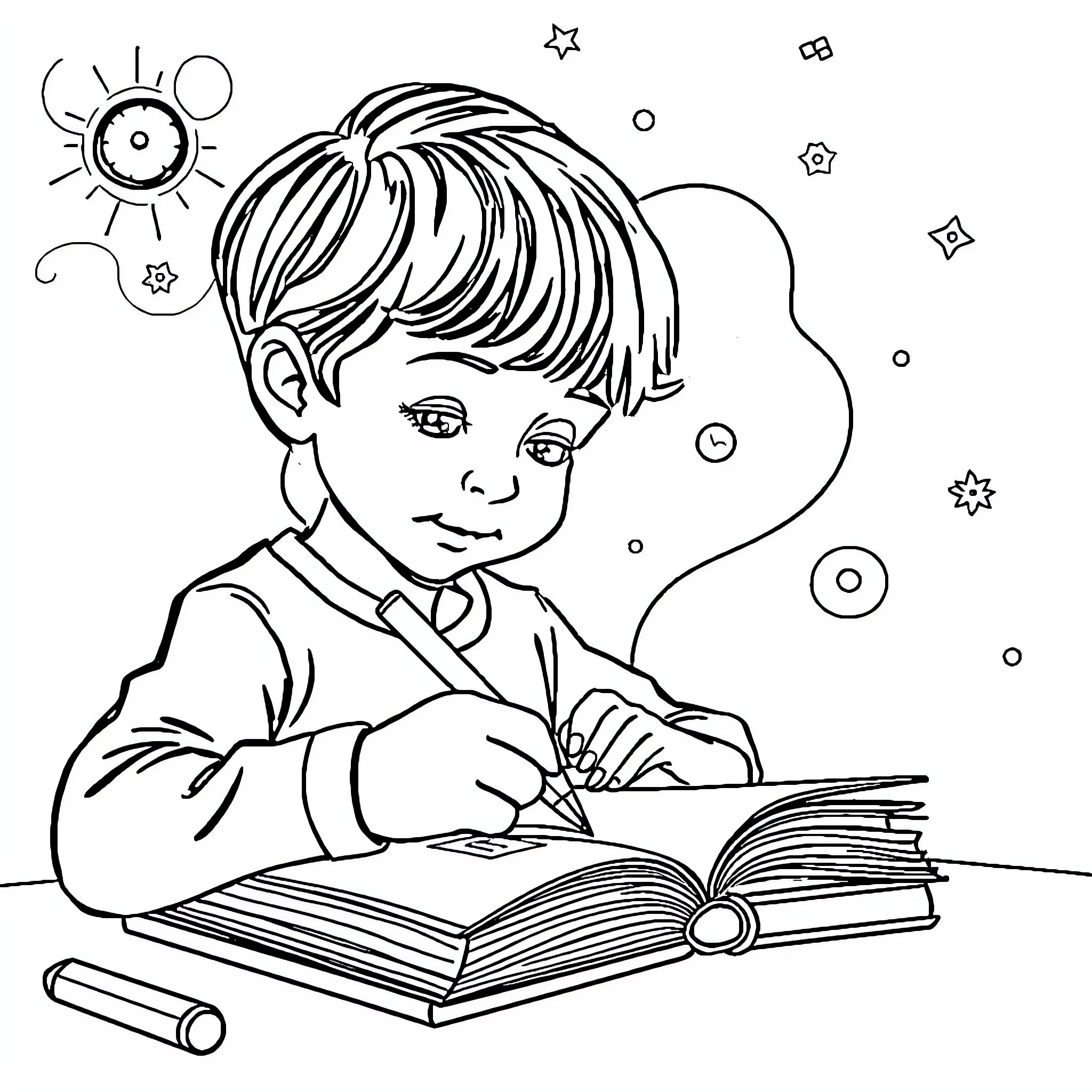Child Studying Diligently with Books and Supplies Coloring Page (free black-and-white line drawing printable PDF for all, from beginners to advanced learners, including children, teens, adults, and seniors)