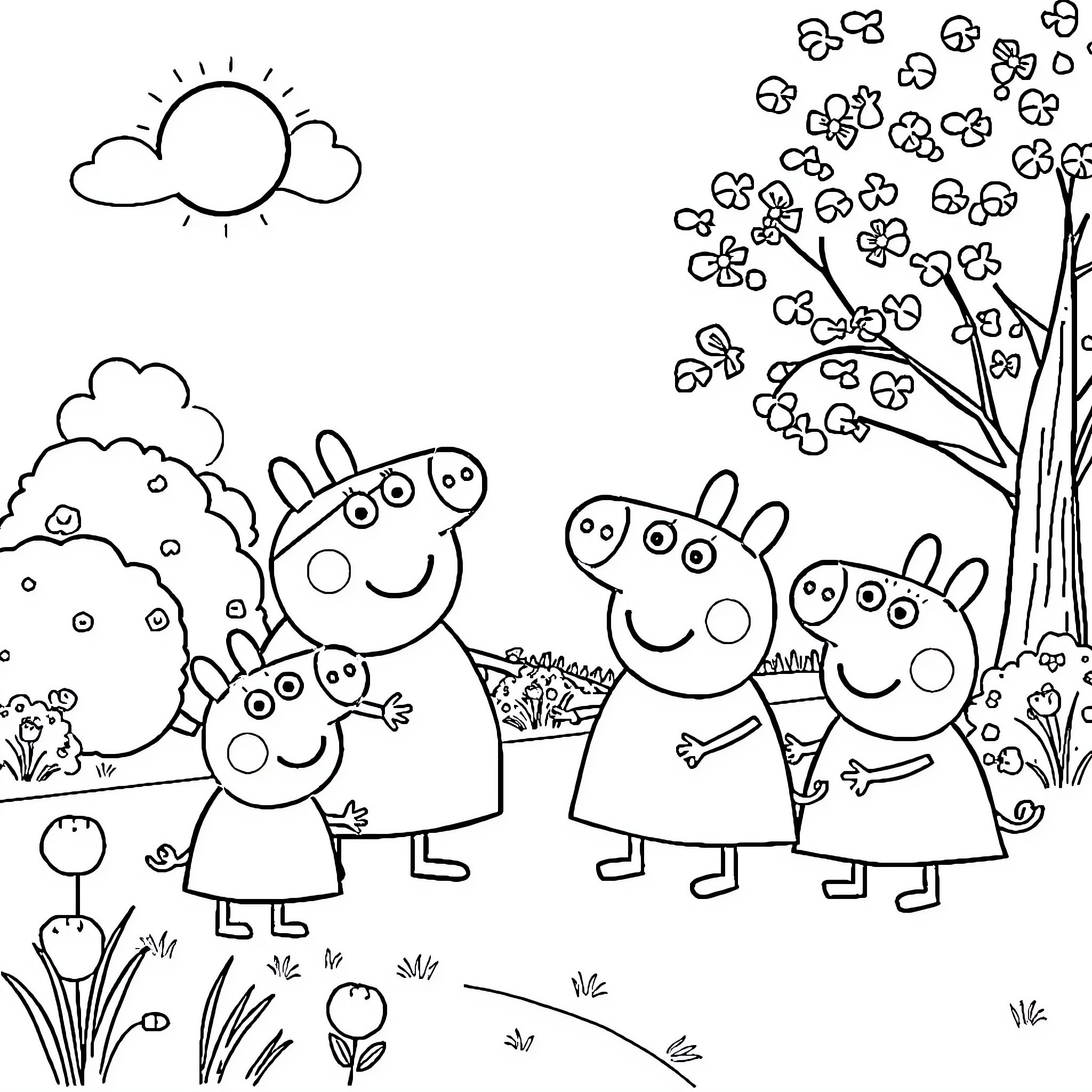 Peppa Pig family enjoying outdoors with nature Coloring Page (free black-and-white line drawing printable PDF for all, from beginners to advanced learners, including children, teens, adults, and seniors)