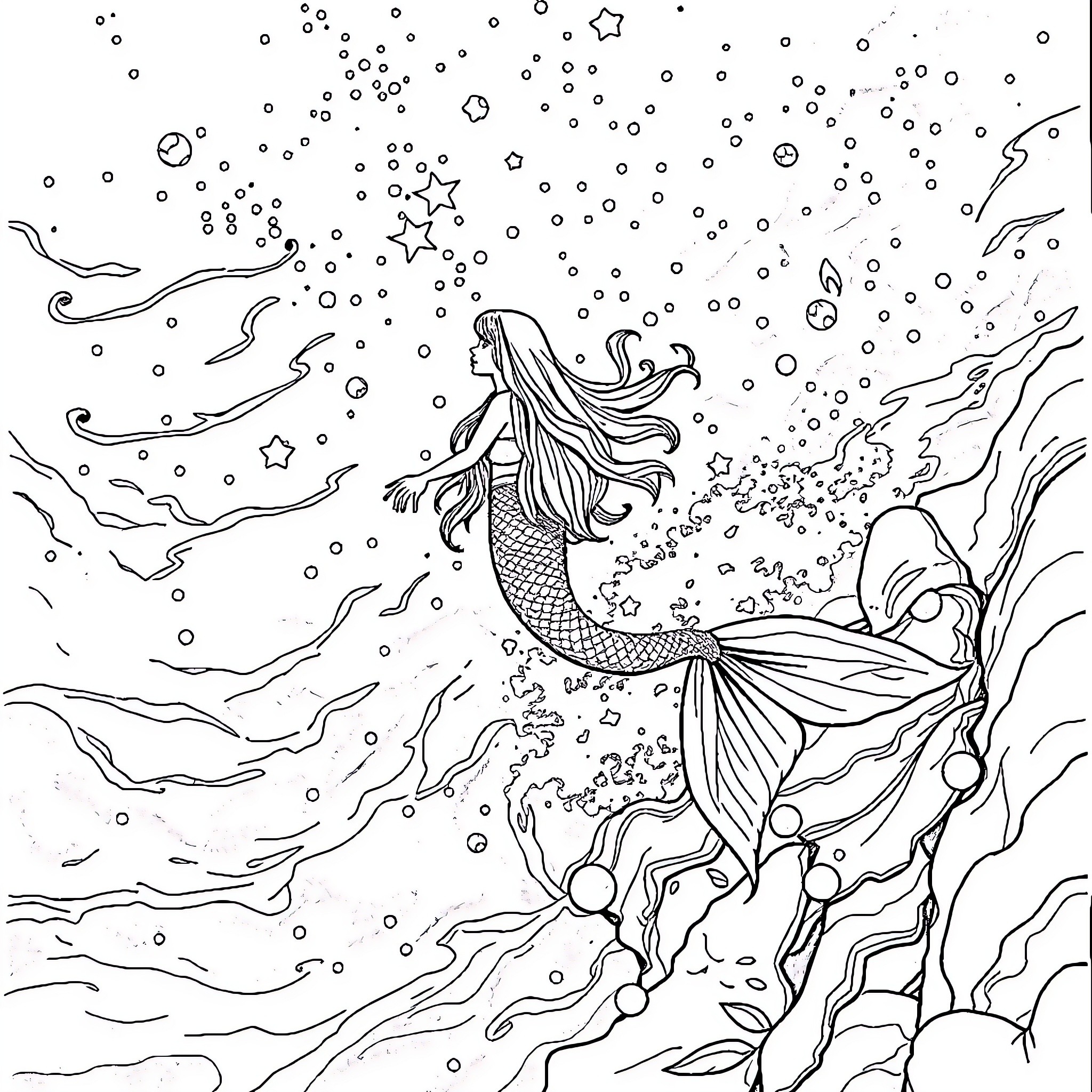 Mermaid dancing amidst the cosmic sea Coloring Page (free black-and-white line drawing printable PDF for all, from beginners to advanced learners, including children, teens, adults, and seniors)