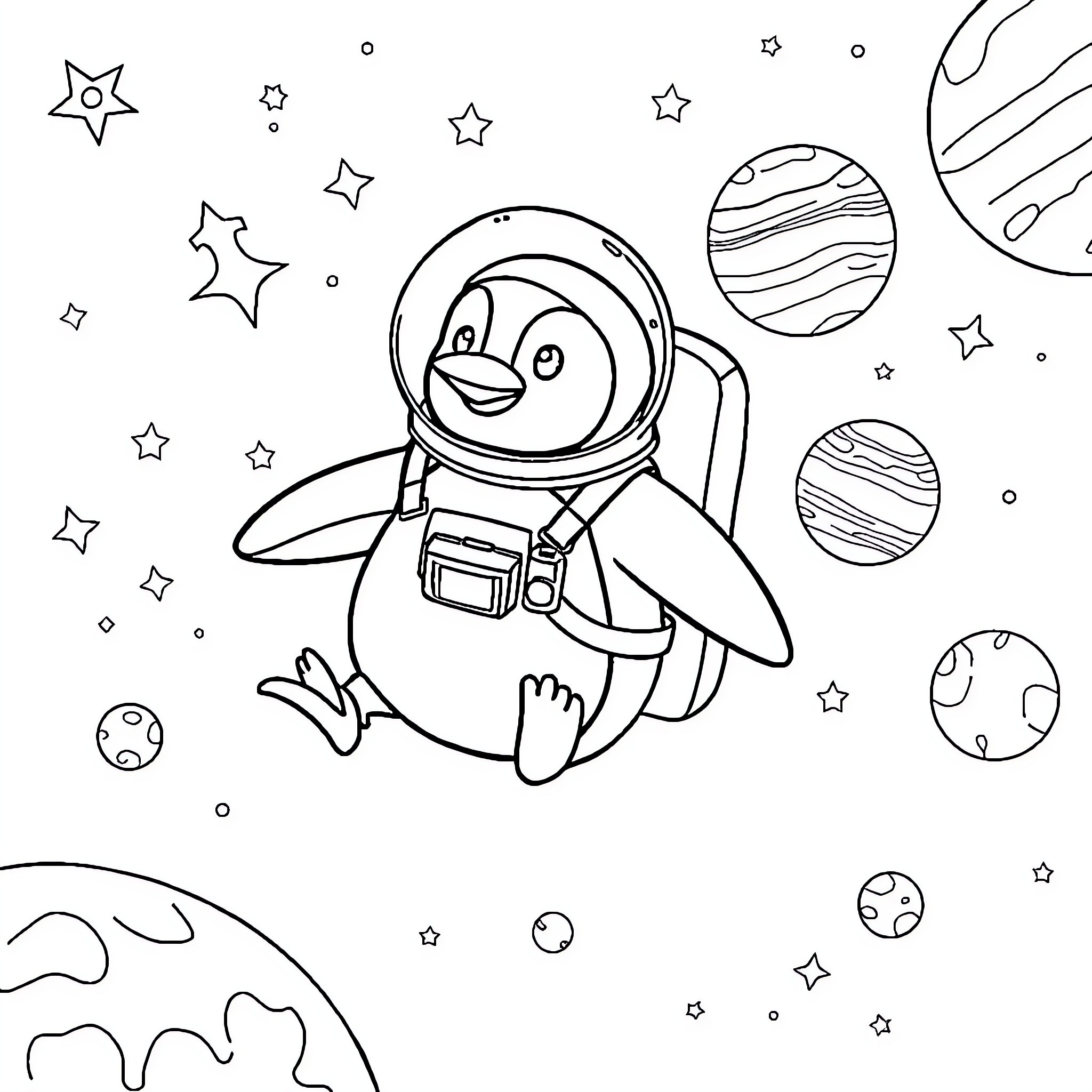 Astronaut Penguin exploring the cosmos Coloring Page (free black-and-white line drawing printable PDF for all, from beginners to advanced learners, including children, teens, adults, and seniors)