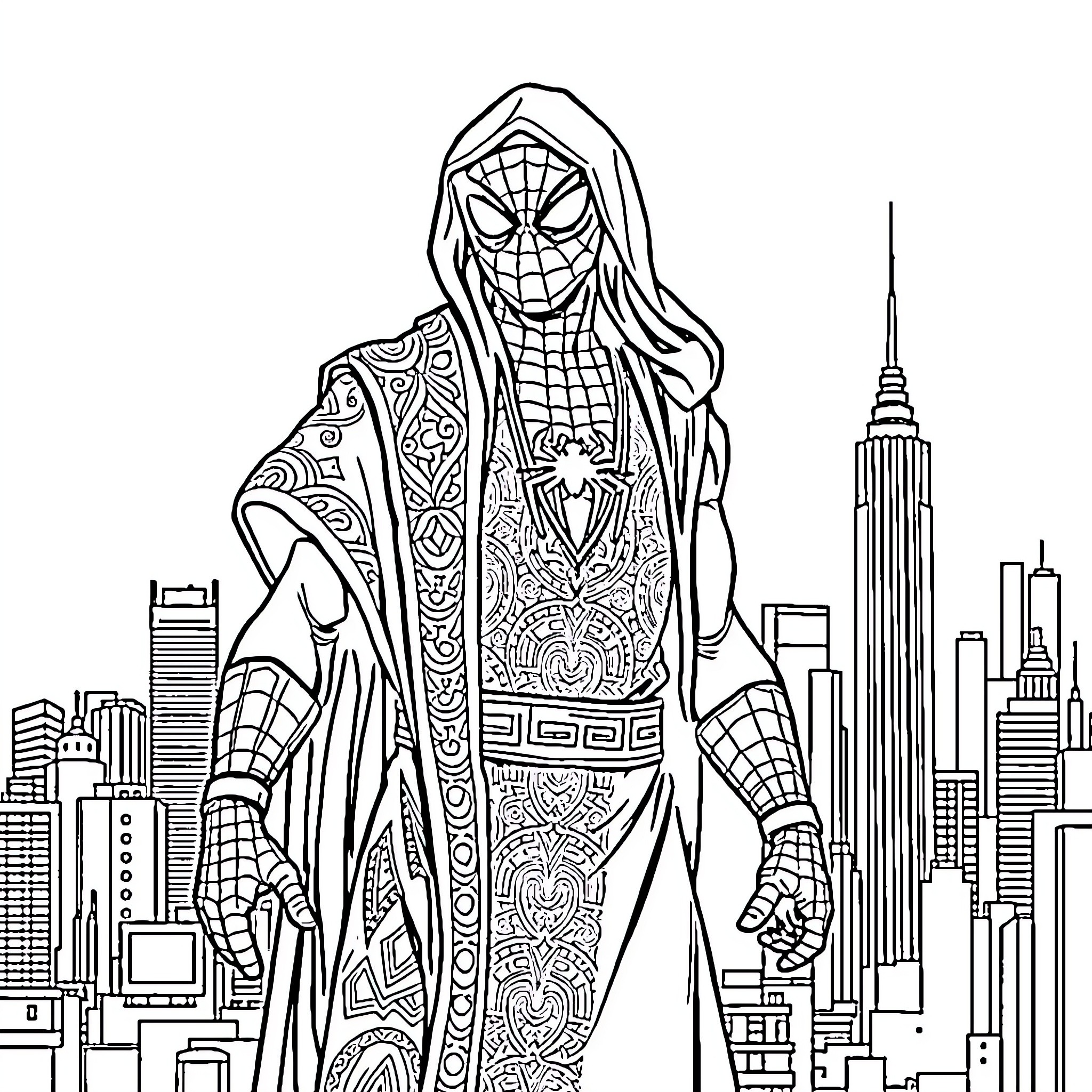 Spiderman overlooking the city in a stylized costume Coloring Page (free black-and-white line drawing printable PDF for all, from beginners to advanced learners, including children, teens, adults, and seniors)