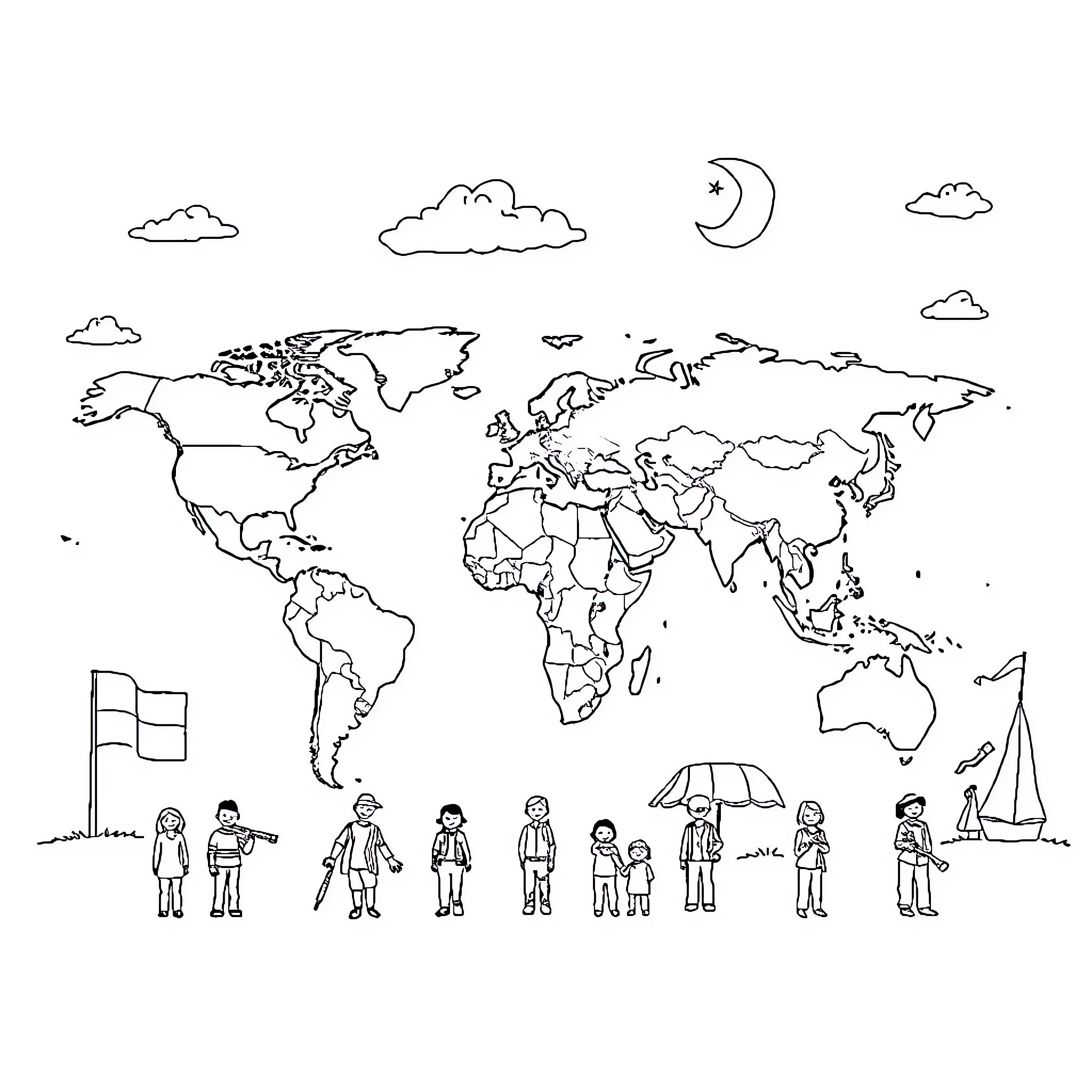 Country People in Different Outfits Around the World Coloring Page (free black-and-white line drawing printable PDF for all, from beginners to advanced learners, including children, teens, adults, and seniors)