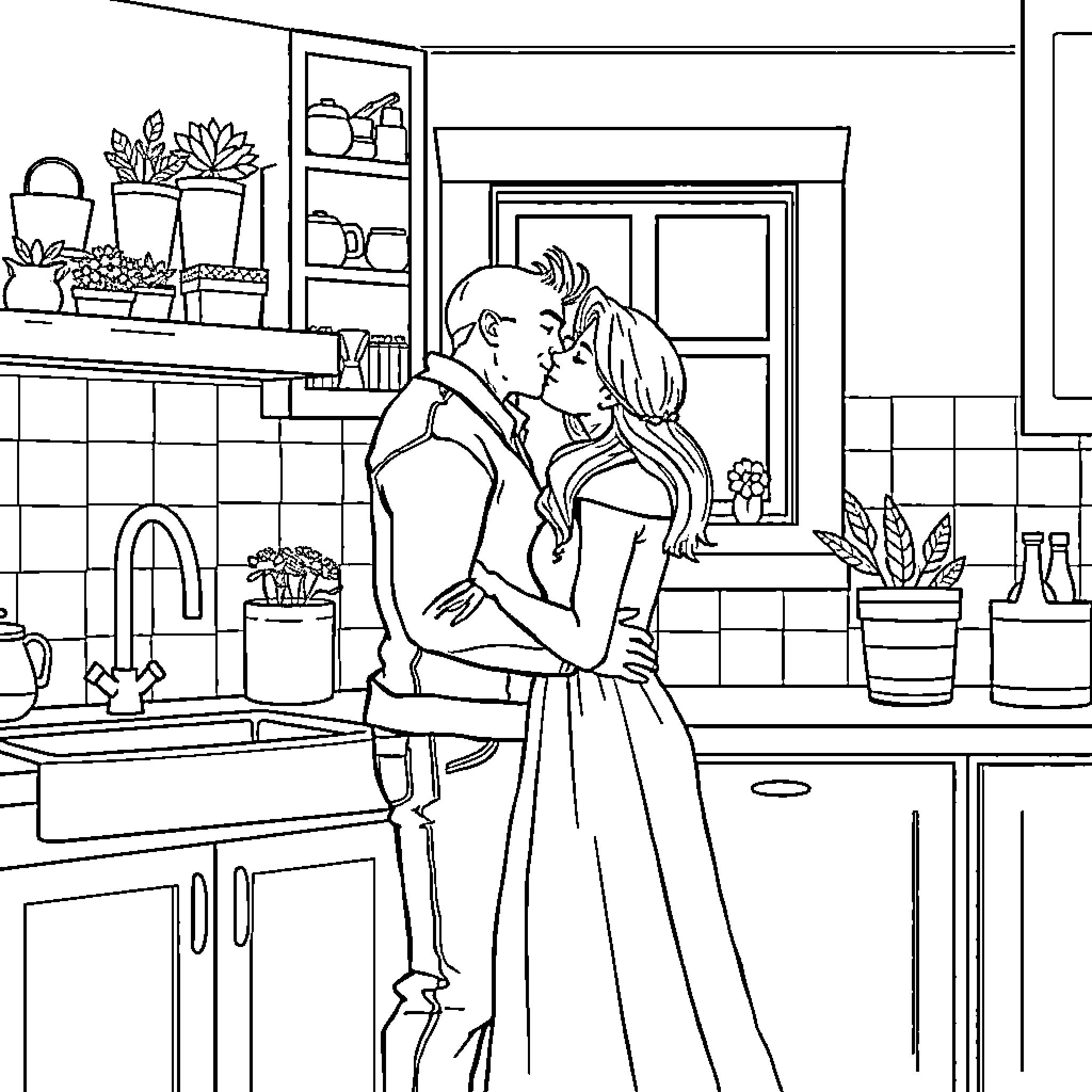 Couple embracing in a cozy kitchen Coloring Page (free black-and-white line drawing printable PDF for all, from beginners to advanced learners, including children, teens, adults, and seniors)