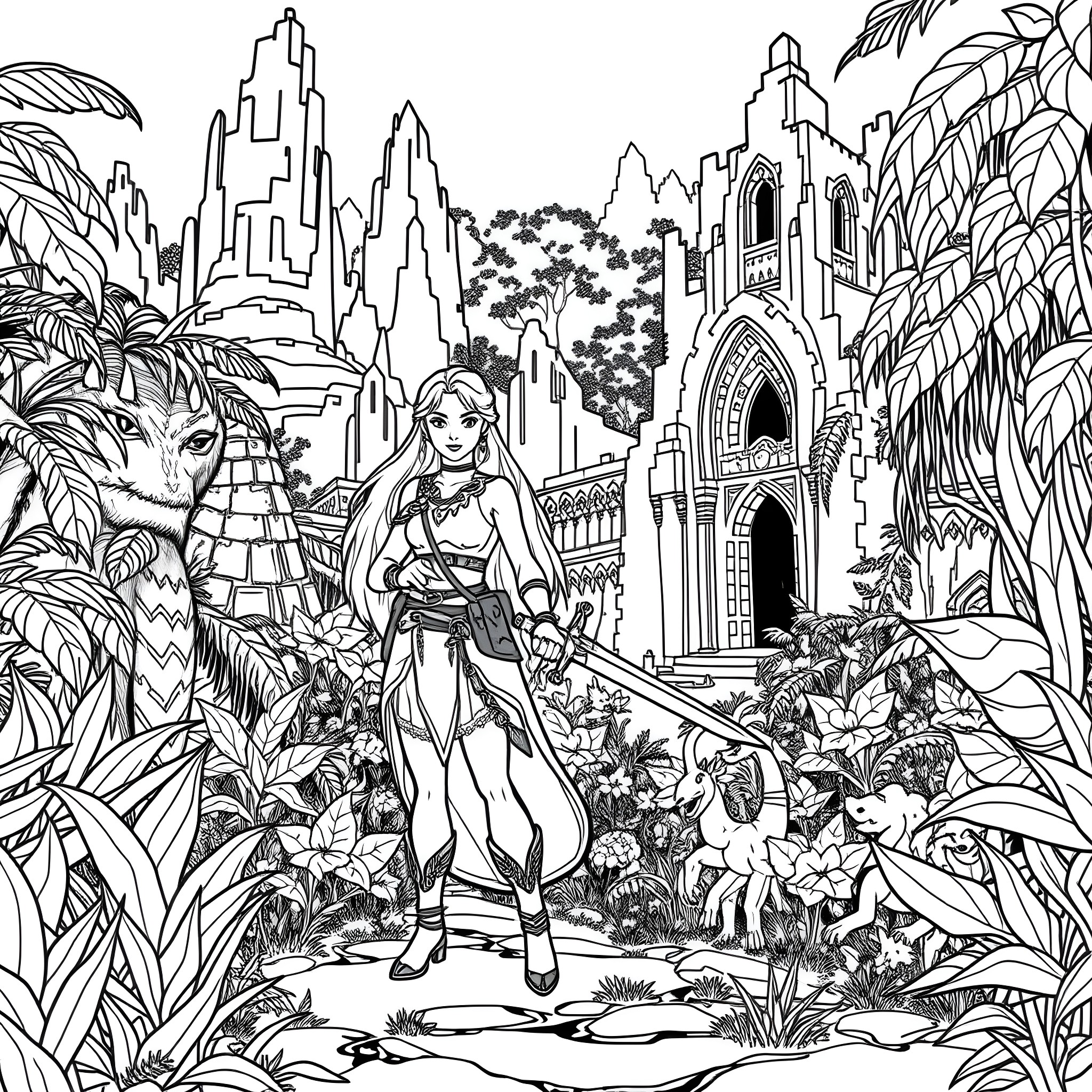 Raya exploring the vibrant fantasy world Coloring Page (free black-and-white line drawing printable PDF for all, from beginners to advanced learners, including children, teens, adults, and seniors)