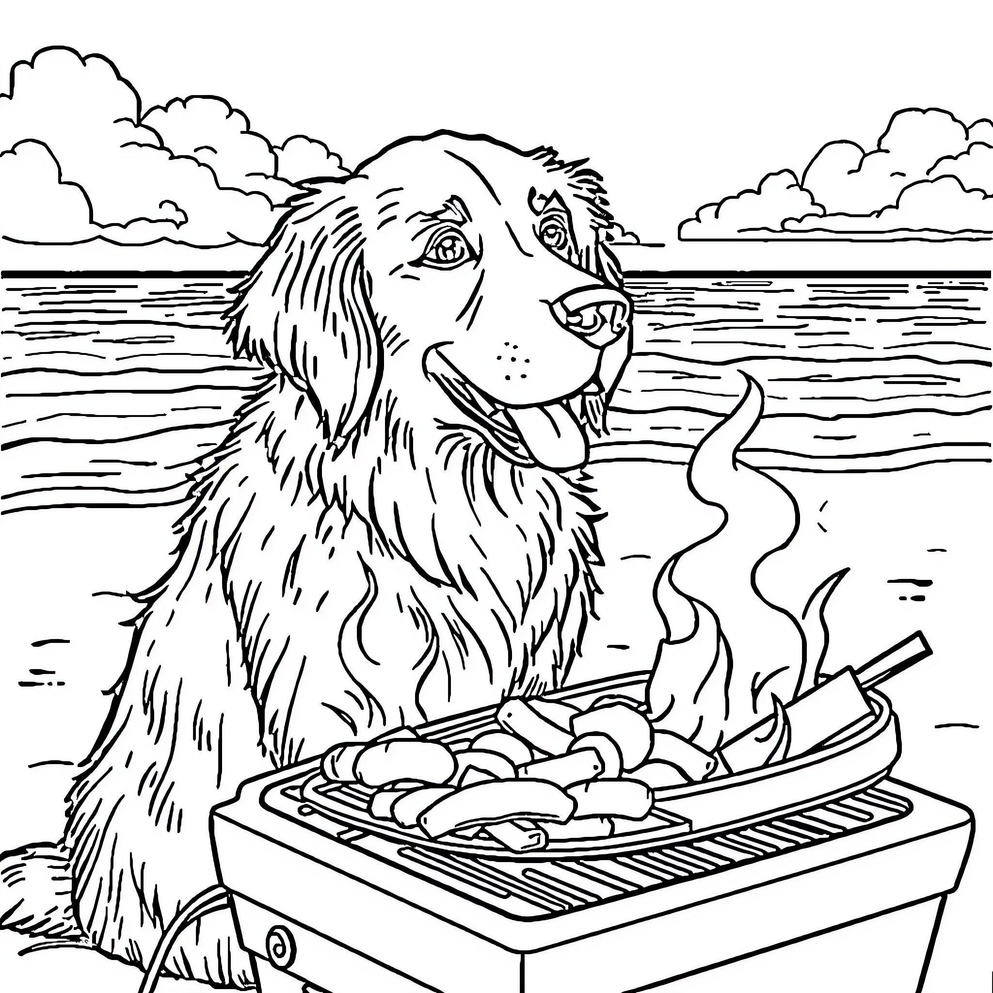 Golden Retriever Enjoying a Lakeside Picnic Coloring Page (free black-and-white line drawing printable PDF for all, from beginners to advanced learners, including children, teens, adults, and seniors)