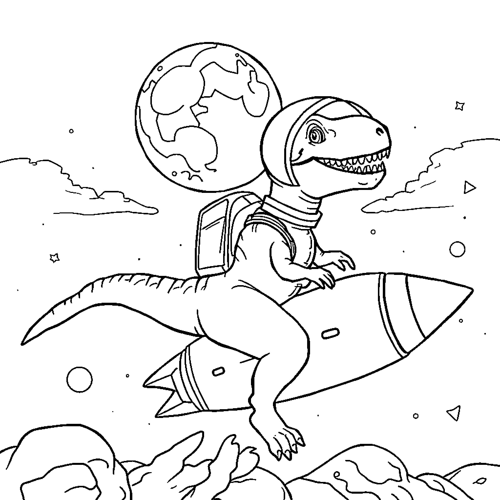 Dinosaur riding a rocket in outer space Coloring Page (free black-and-white line drawing printable PDF for all, from beginners to advanced learners, including children, teens, adults, and seniors)