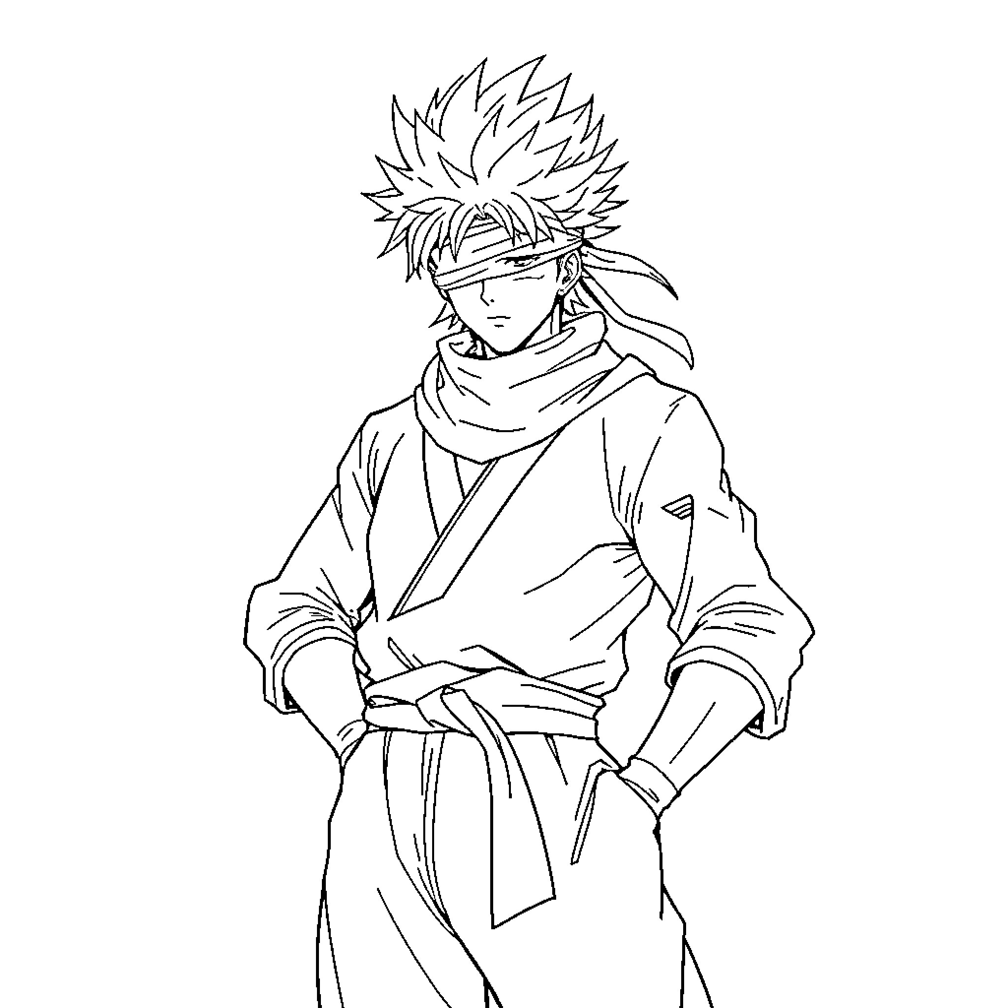 Satoru Gojo in a Contemplative Pose Coloring Page (free black-and-white line drawing printable PDF for all, from beginners to advanced learners, including children, teens, adults, and seniors)
