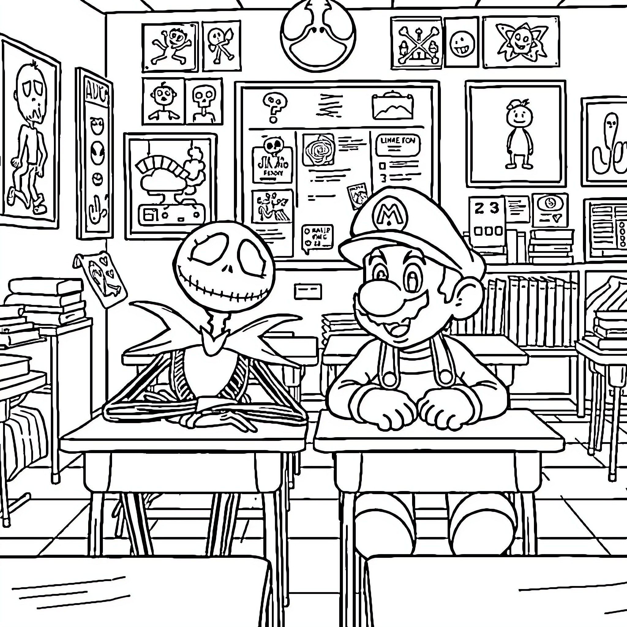 Jack Skellington and Mario explore a room full of fantastical items Coloring Page (free black-and-white line drawing printable PDF for all, from beginners to advanced learners, including children, teens, adults, and seniors)