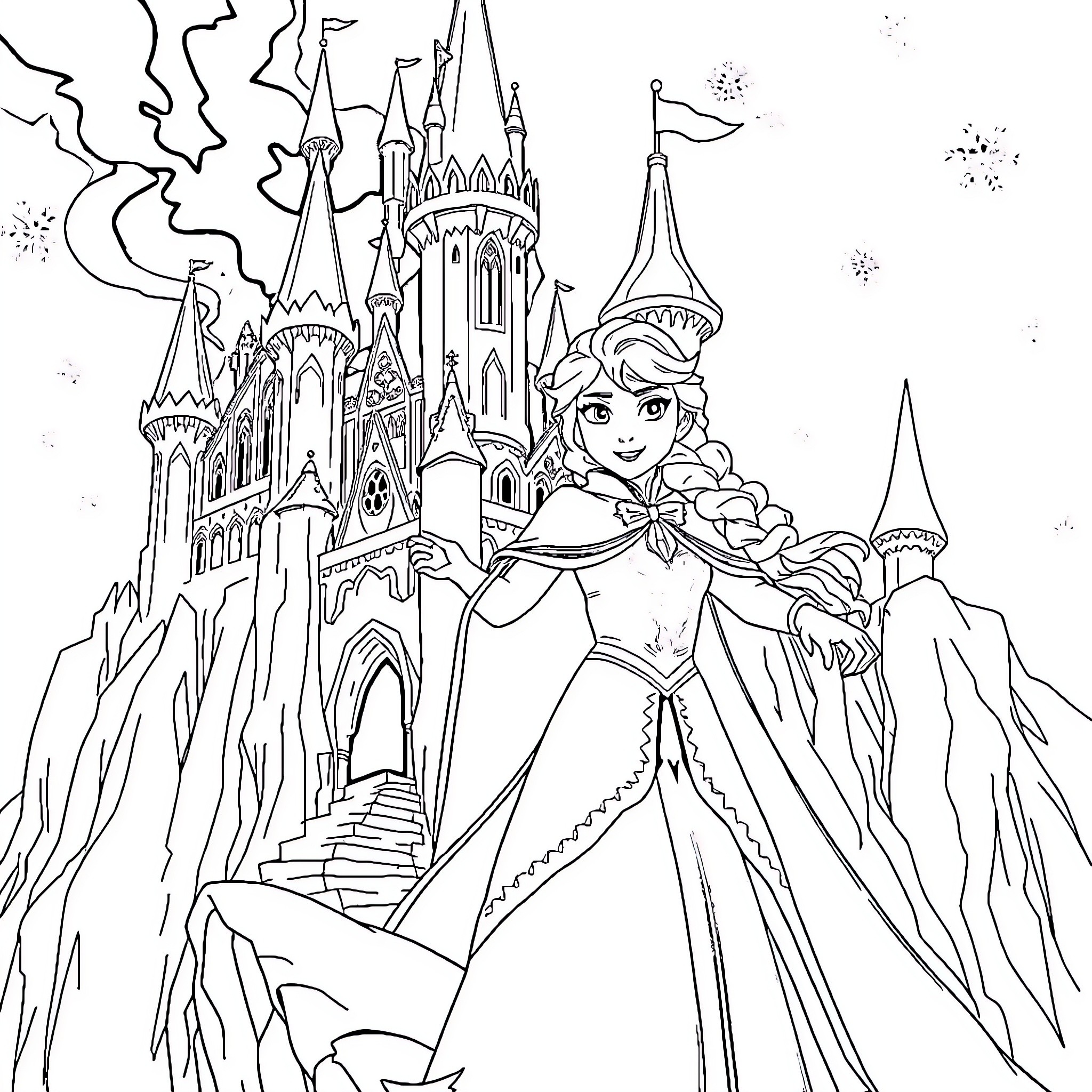 Anna's Enchanting Castle Adventure Coloring Page (free black-and-white line drawing printable PDF for all, from beginners to advanced learners, including children, teens, adults, and seniors)