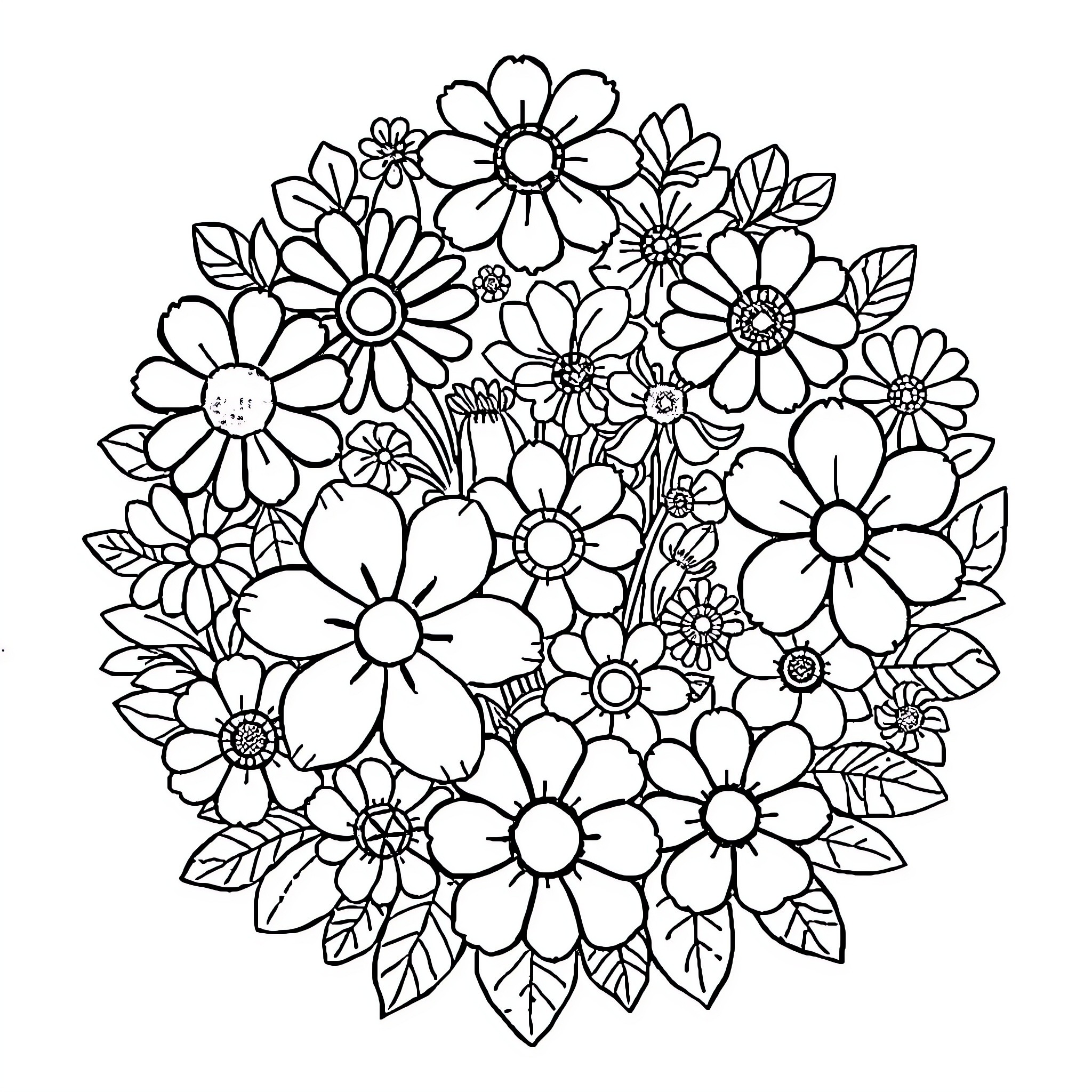 Doodle of Cheerful Floral Arrangement Coloring Page (free black-and-white line drawing printable PDF for all, from beginners to advanced learners, including children, teens, adults, and seniors)