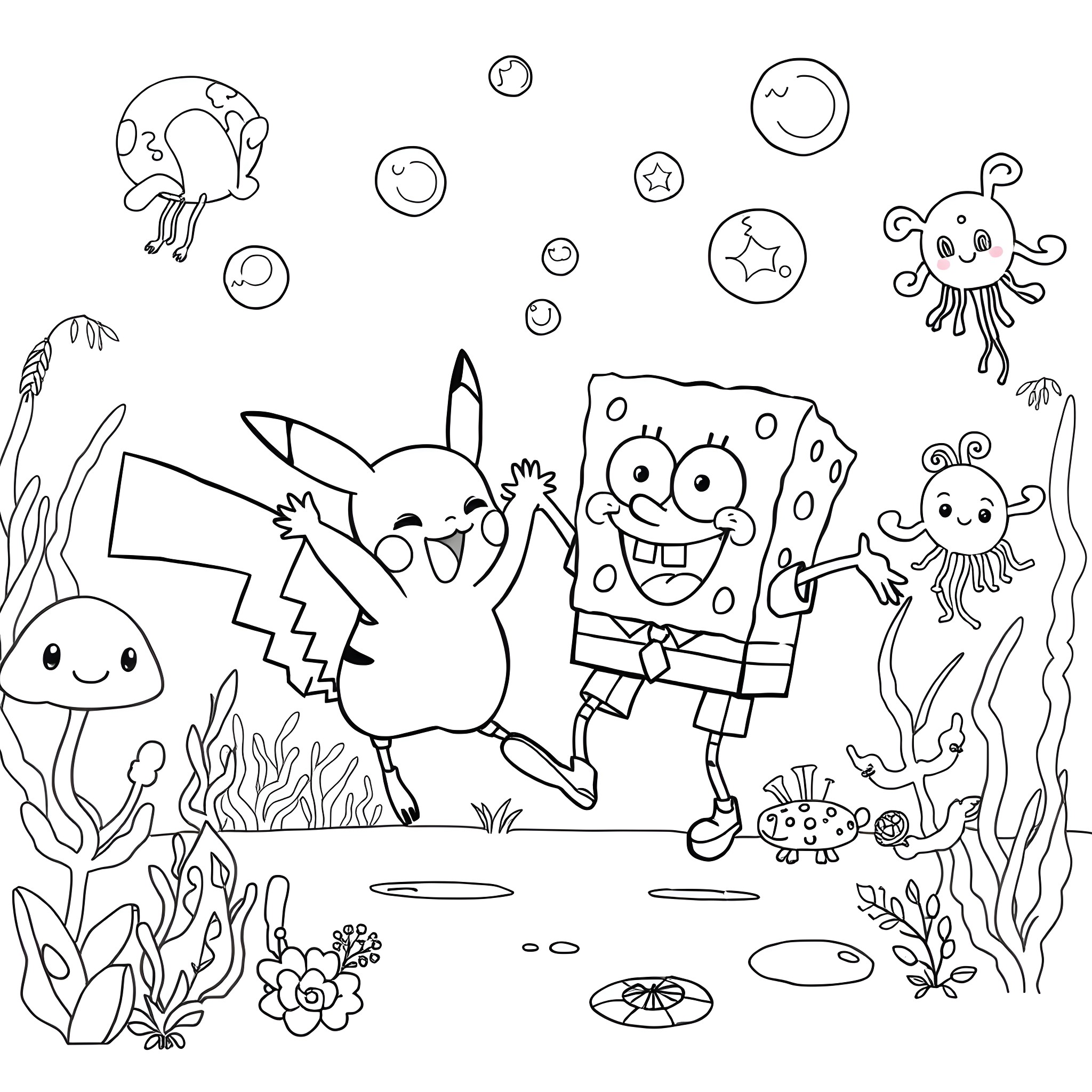 Pikachu and friends in a whimsical underwater adventure Coloring Page (free black-and-white line drawing printable PDF for all, from beginners to advanced learners, including children, teens, adults, and seniors)